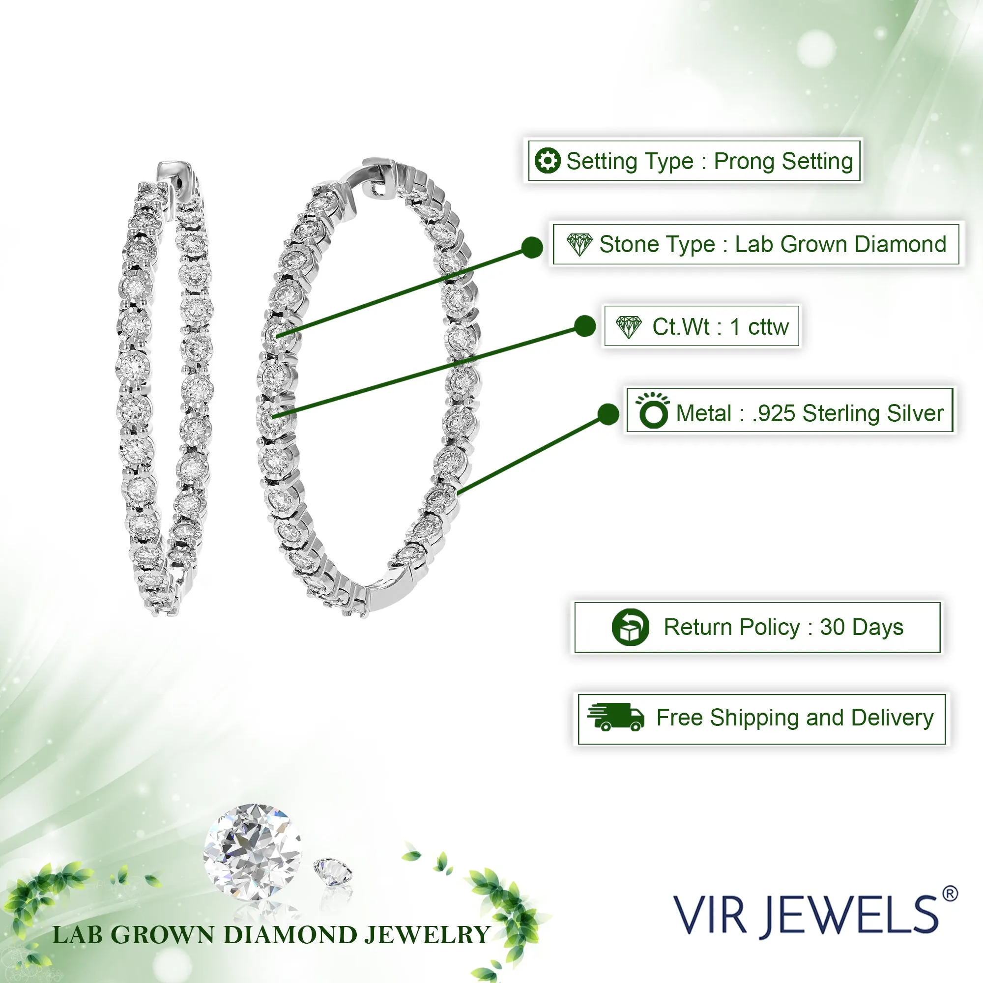 1 cttw Lab Grown Diamond Hoop Earring .925 Sterling Silver Prong Set Round Cut