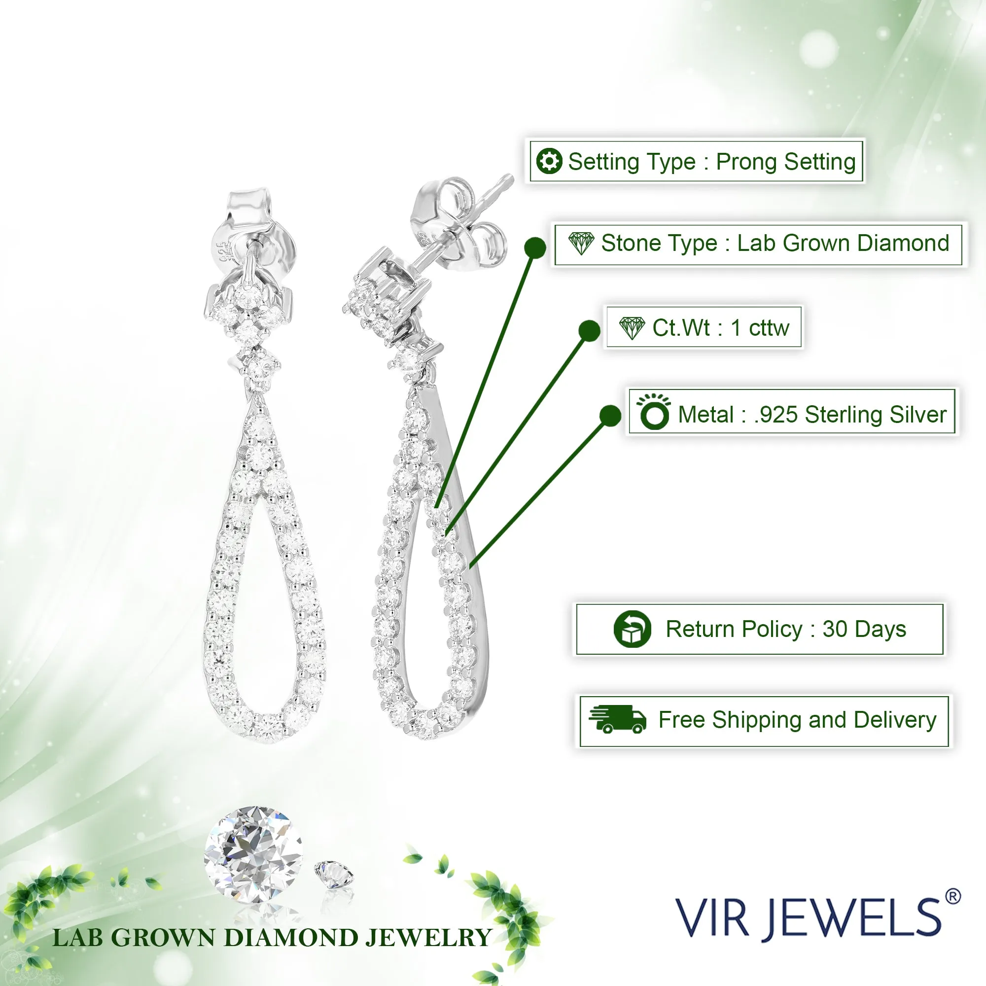 1 cttw Round Lab Grown Diamond Dangle Earrings .925 Sterling Silver Prong Set 1 Inch
