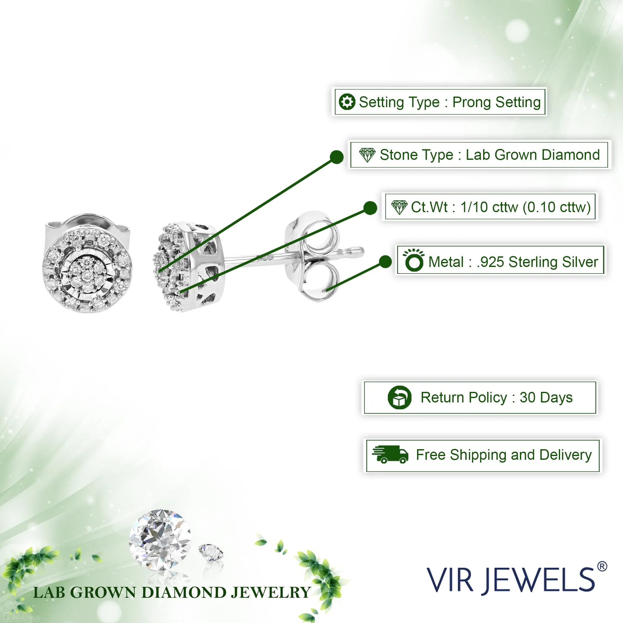 1/10 cttw Round Lab Grown Diamond Stud Earrings Prong Set in .925 Sterling Silver