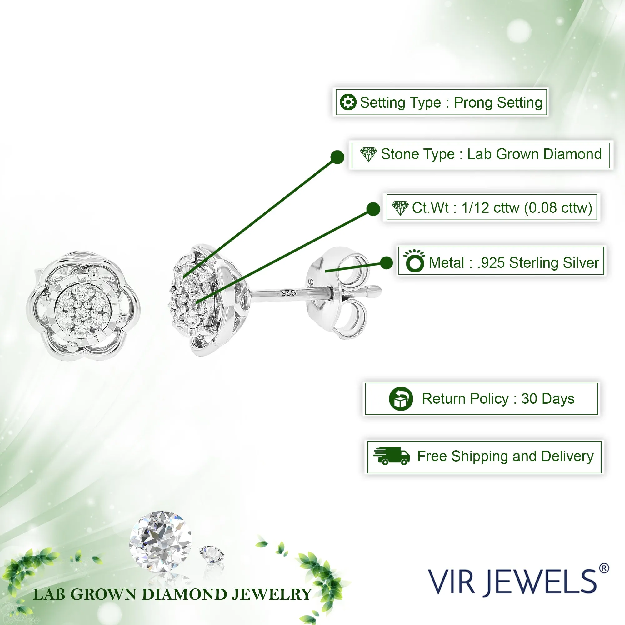 1/12 cttw 14 Stones Round Lab Grown Diamond Studs Earrings .925 Sterling Silver Prong Set Flower Shape