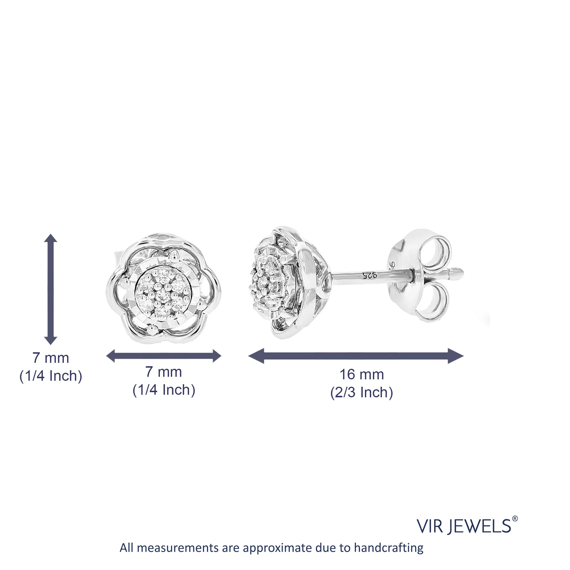 1/12 cttw 14 Stones Round Lab Grown Diamond Studs Earrings .925 Sterling Silver Prong Set Flower Shape