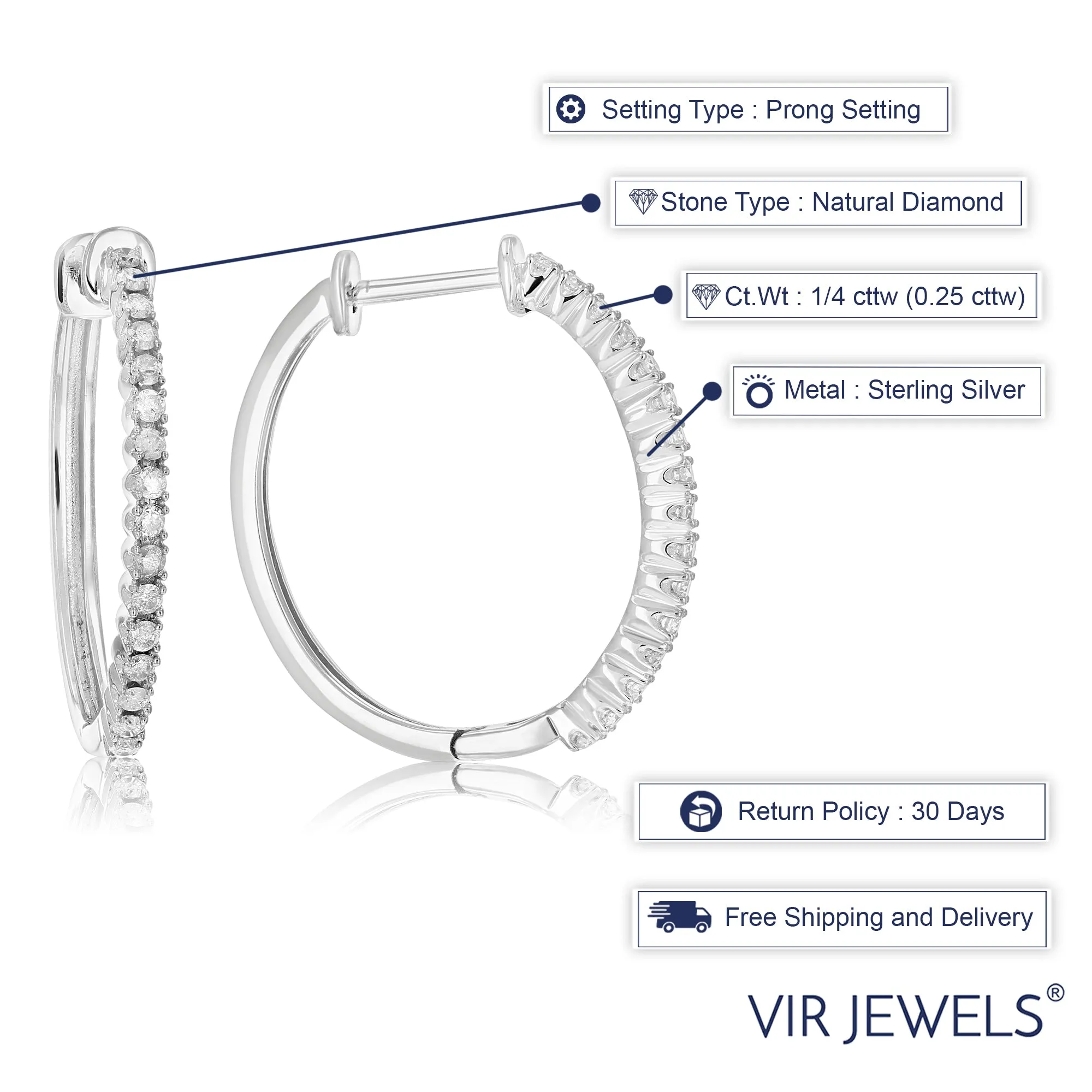 1/4 cttw Diamond Hoop Earrings .925 Sterling Silver 30 Stones Prong Set 3/4 Inch