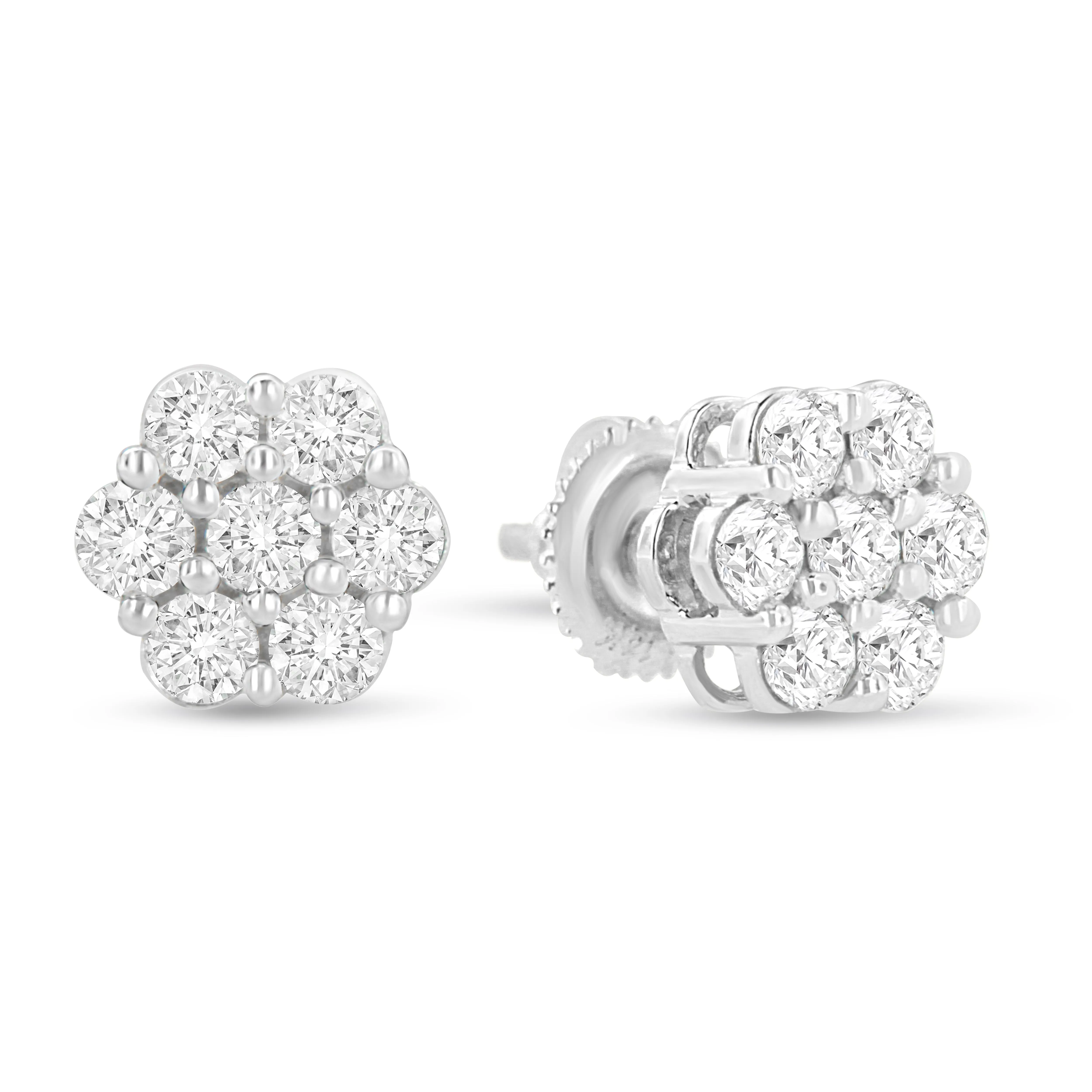 14K White Gold 1.0 Cttw Prong Set Round-Cut Diamond Floral Stud Earrings