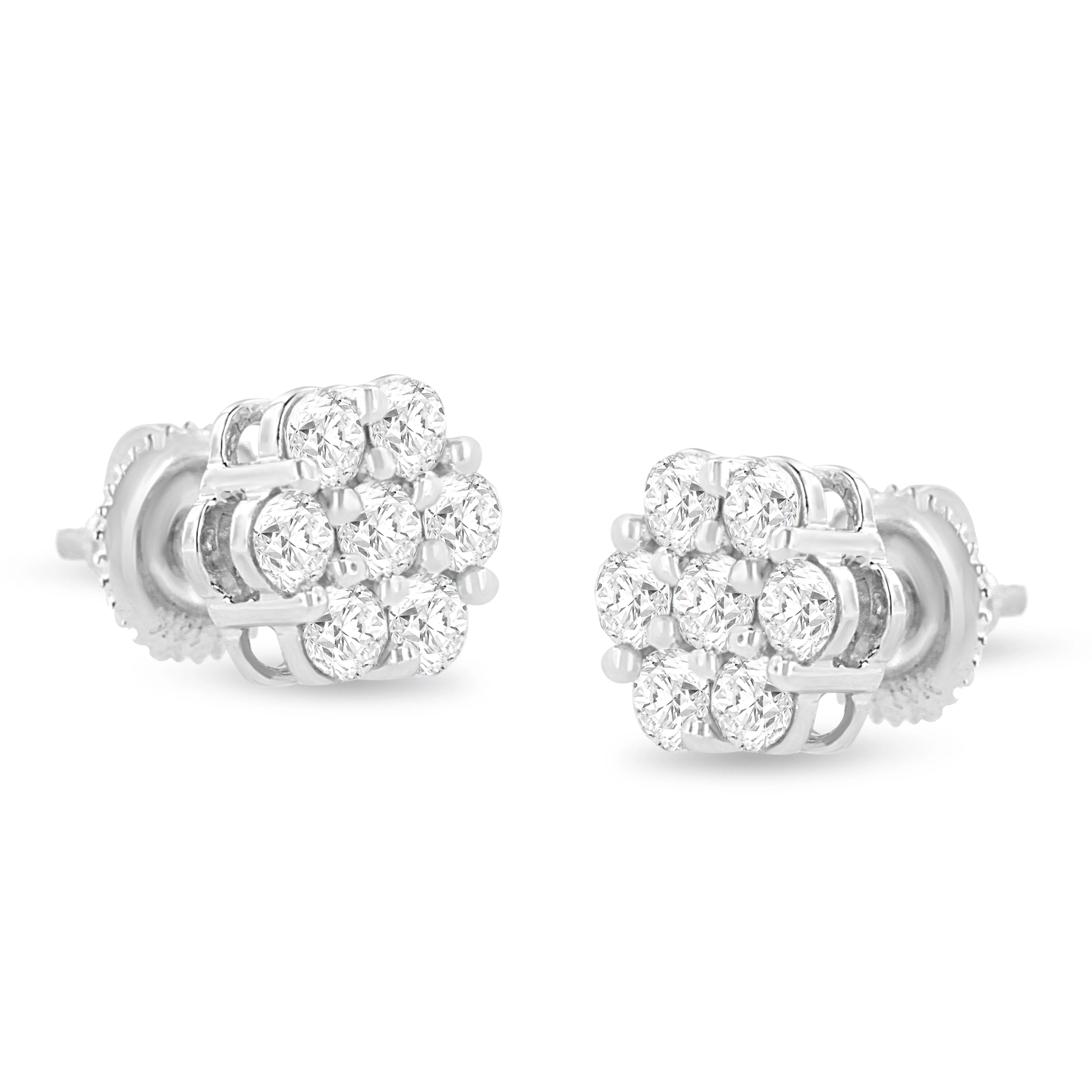 14K White Gold 1.0 Cttw Prong Set Round-Cut Diamond Floral Stud Earrings