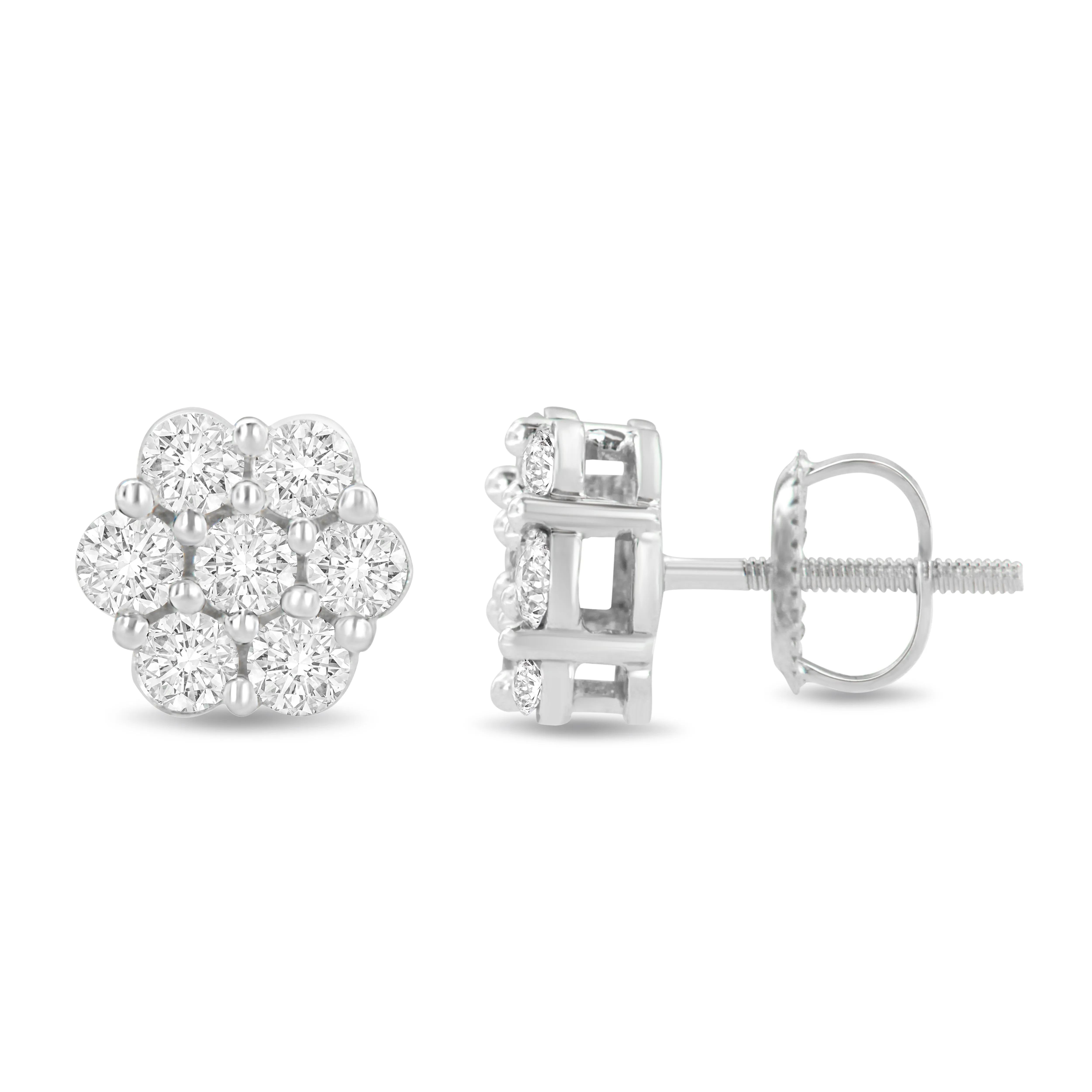 14K White Gold 1.0 Cttw Prong Set Round-Cut Diamond Floral Stud Earrings