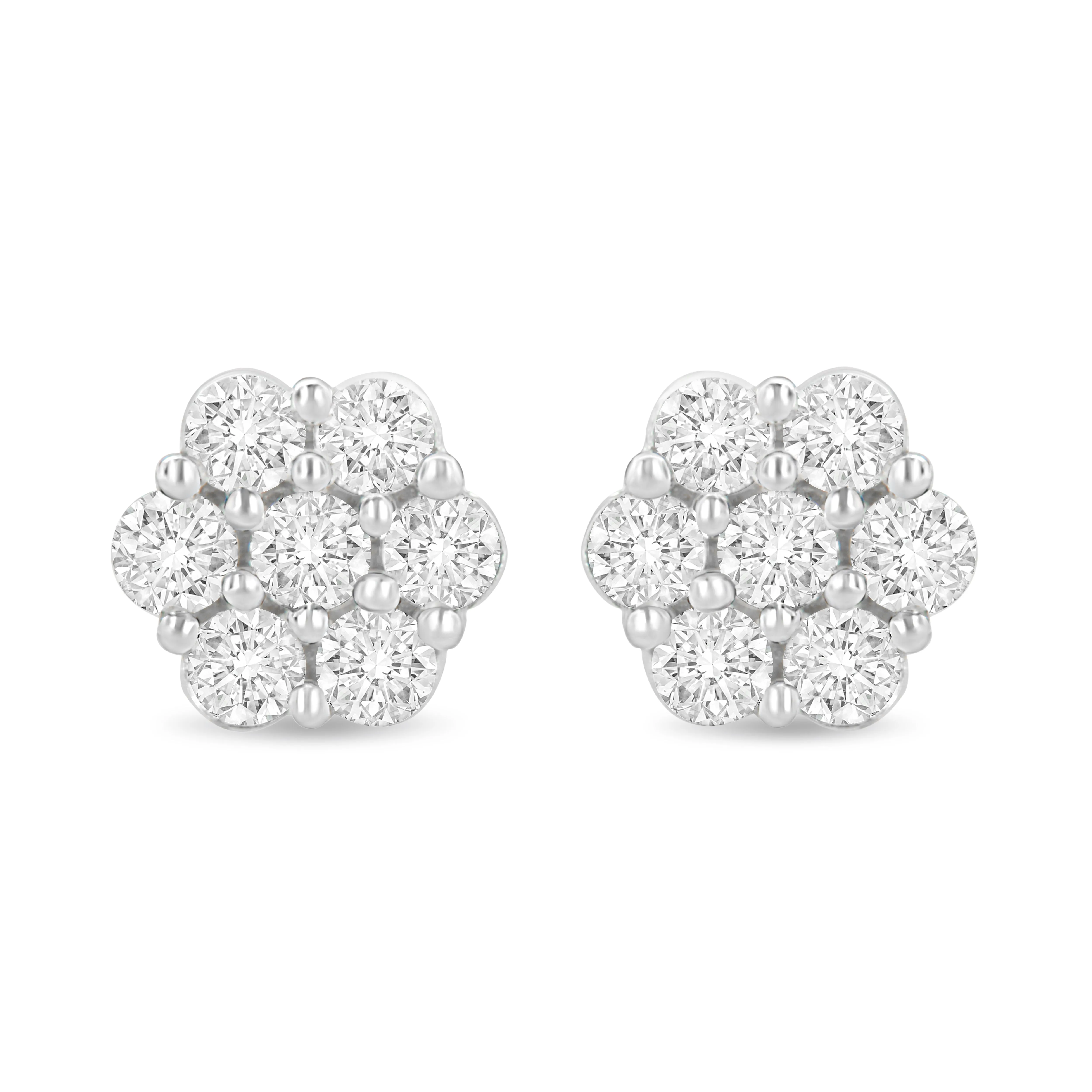 14K White Gold 1.0 Cttw Prong Set Round-Cut Diamond Floral Stud Earrings