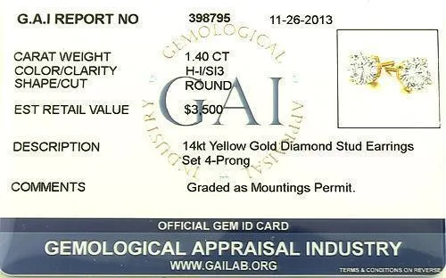 14K Yellow Solid Gold Unisex Diamond Four Prong Studd Earrings 1.40 Ctw