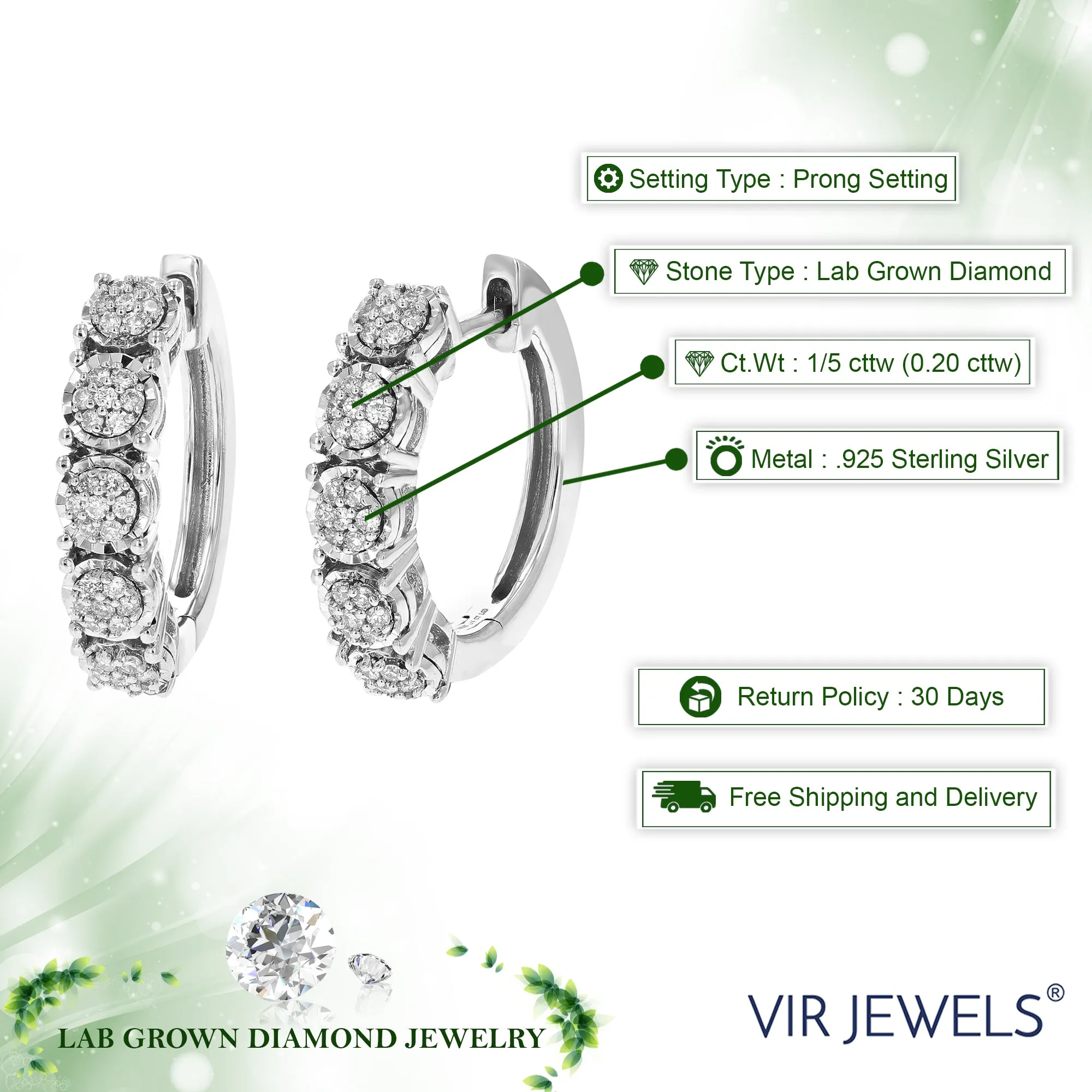1/5 cttw Hoop Earrings Lab Grown Diamond Earrings Round Cut Prong Set in .925 Sterling Silver