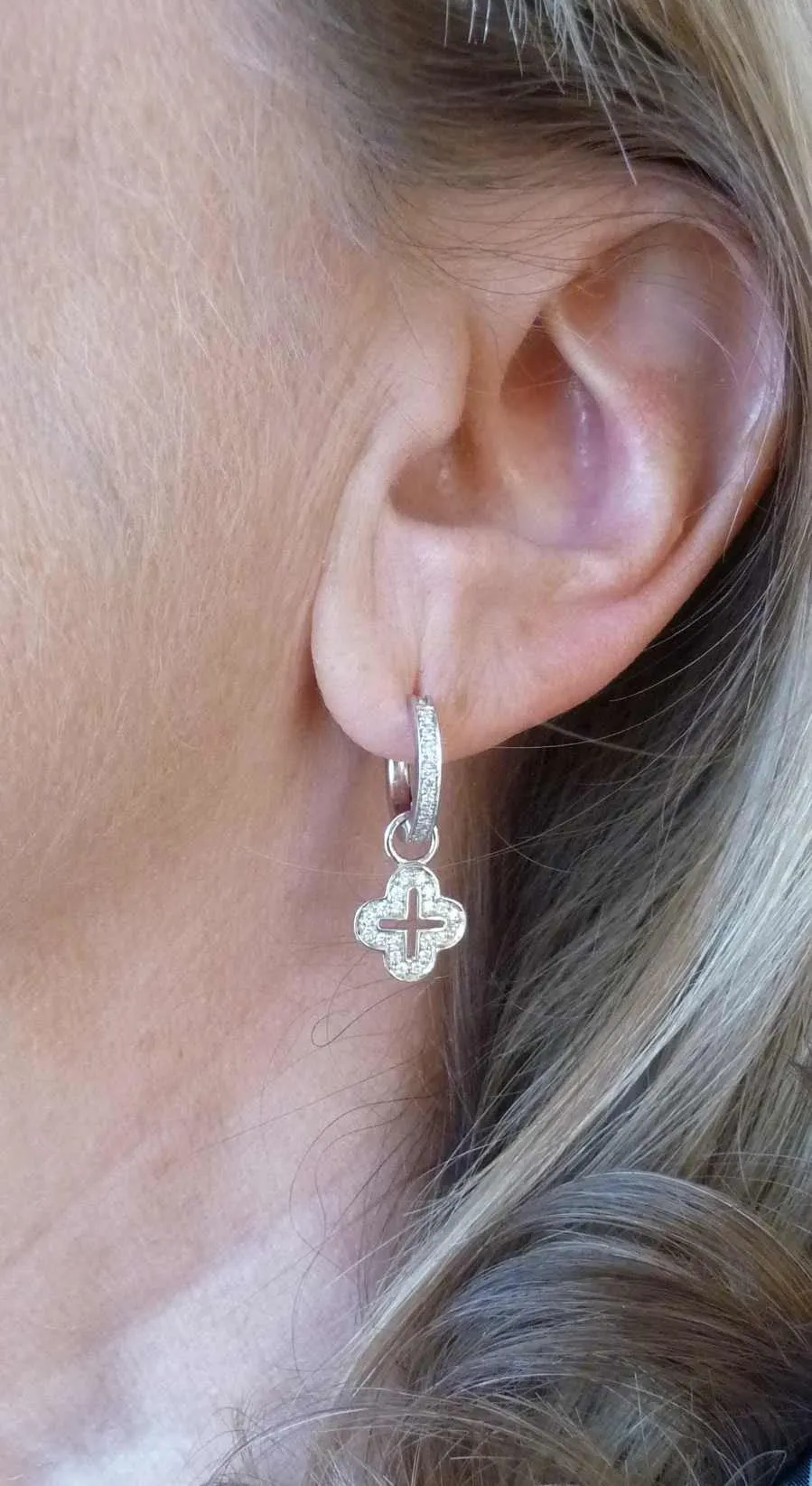 18K White Gold Diamond Open Cross Earring Charms