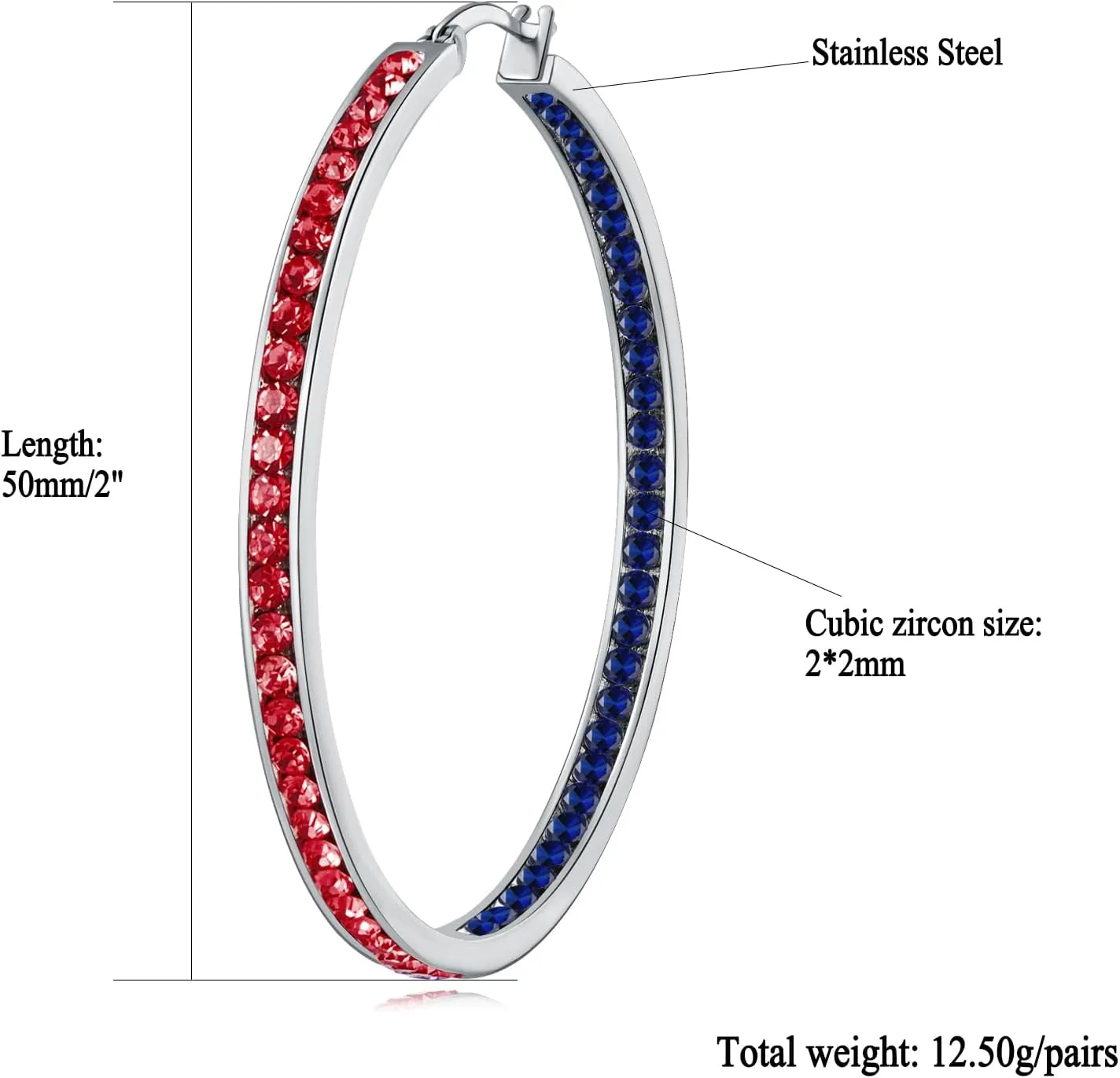 2 Inch Large Hoop Earrings for Women Stainless Steel Hypoallergenic Big Hoop Earrings Cubic Zircon Hoops Rhinestone Inside-Out Crystal Ear Ring Jewelry Gifts for Sensitive Ears 50mm