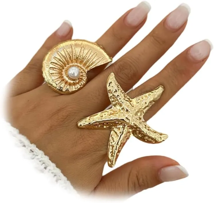 2Pcs Big Statement Gold Conch Starfish Open Ring for Women, Dainty Large Conch Ocean Star Finger Knuckle Rings Exaggerated Beach Holiday Party Jewelry Gifts