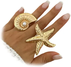 2Pcs Big Statement Gold Conch Starfish Open Ring for Women, Dainty Large Conch Ocean Star Finger Knuckle Rings Exaggerated Beach Holiday Party Jewelry Gifts