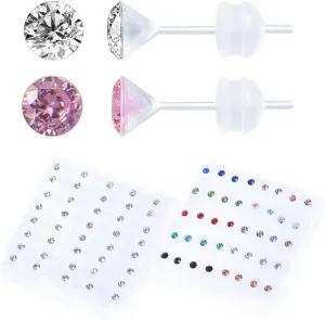 30 Pairs CZ Plastic Post Earrings for Girls - Hypoallergenic Stud Earrings for Sensitive Ears