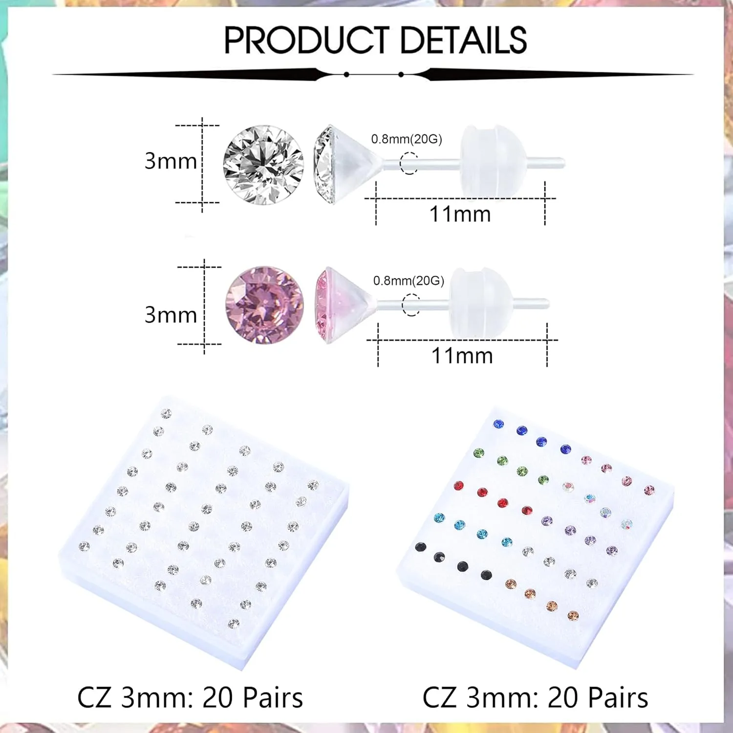 30 Pairs CZ Plastic Post Earrings for Girls - Hypoallergenic Stud Earrings for Sensitive Ears