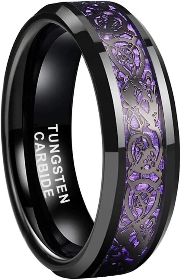 6mm 8mm Silver/Black Tungsten Rings for Men Women Black/Red/Green/Purple Carbon Fiber Celtic Dragon Inlay Fashion Jewelry Engagement Wedding Bands Beveled Edges Comfort Fit