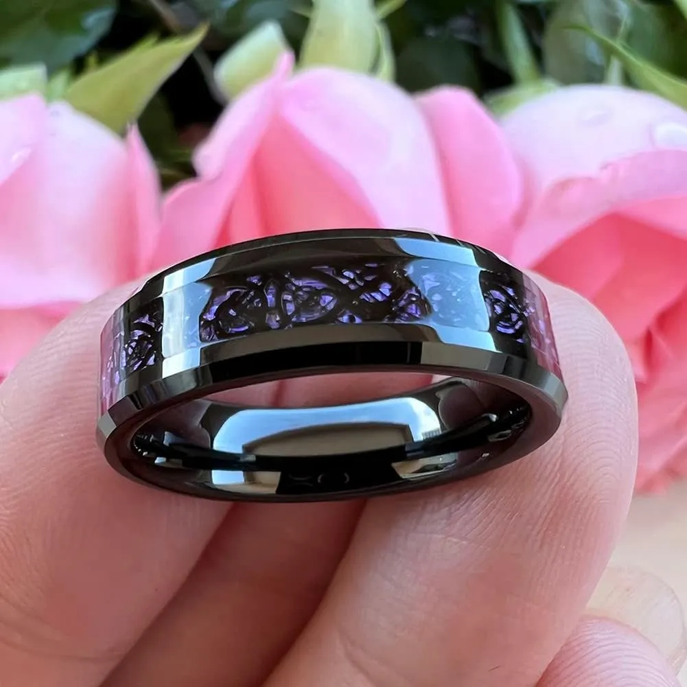 6mm 8mm Silver/Black Tungsten Rings for Men Women Black/Red/Green/Purple Carbon Fiber Celtic Dragon Inlay Fashion Jewelry Engagement Wedding Bands Beveled Edges Comfort Fit
