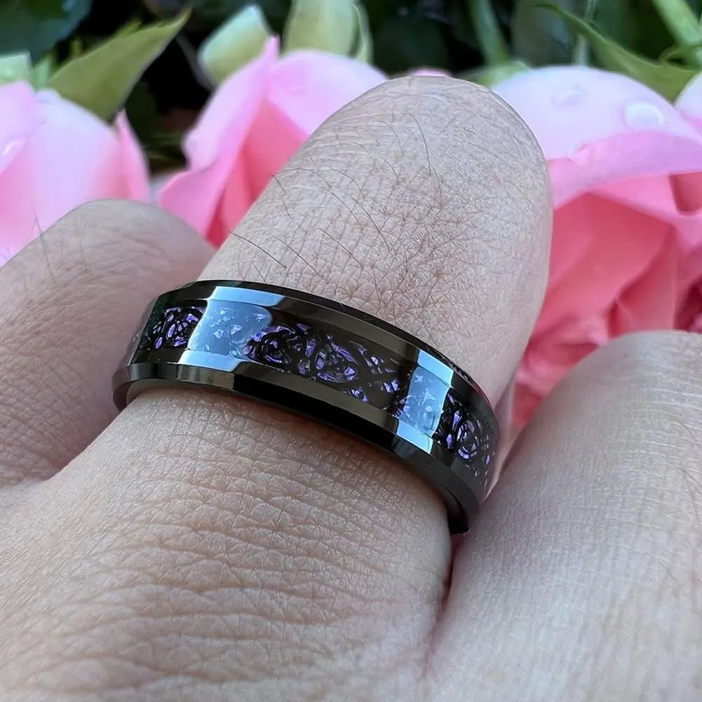 6mm 8mm Silver/Black Tungsten Rings for Men Women Black/Red/Green/Purple Carbon Fiber Celtic Dragon Inlay Fashion Jewelry Engagement Wedding Bands Beveled Edges Comfort Fit