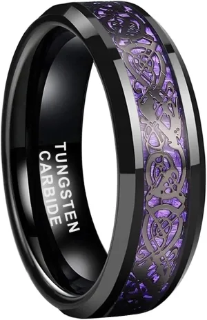 6mm 8mm Silver/Black Tungsten Rings for Men Women Black/Red/Green/Purple Carbon Fiber Celtic Dragon Inlay Fashion Jewelry Engagement Wedding Bands Beveled Edges Comfort Fit
