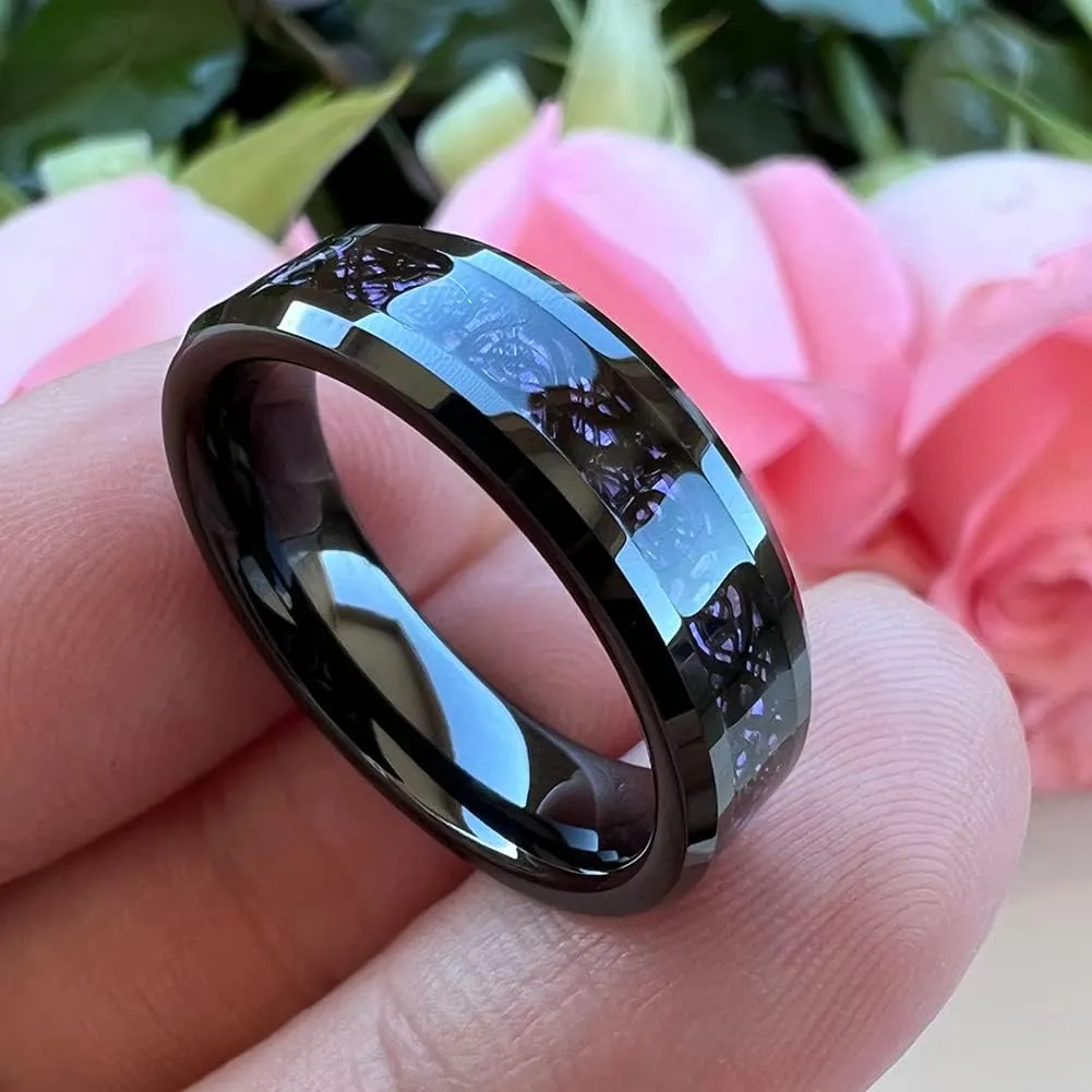 6mm 8mm Silver/Black Tungsten Rings for Men Women Black/Red/Green/Purple Carbon Fiber Celtic Dragon Inlay Fashion Jewelry Engagement Wedding Bands Beveled Edges Comfort Fit