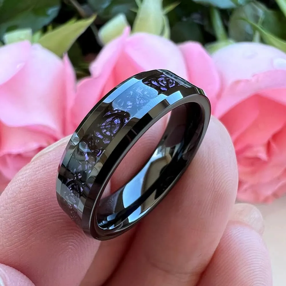 6mm 8mm Silver/Black Tungsten Rings for Men Women Black/Red/Green/Purple Carbon Fiber Celtic Dragon Inlay Fashion Jewelry Engagement Wedding Bands Beveled Edges Comfort Fit