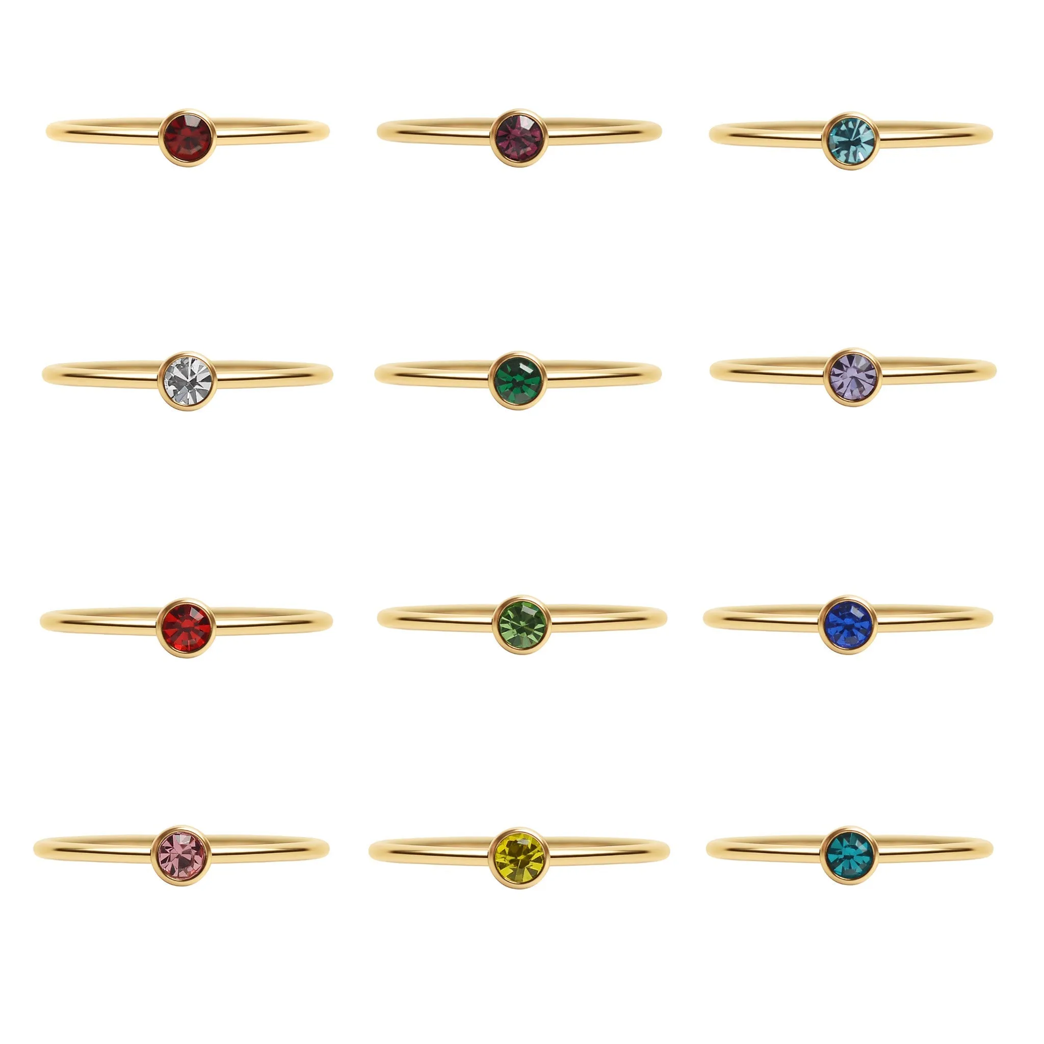 76 pc 18K Gold PVD Coated Stainless Steel Birthstone Stacking Ring Set & Display / BND0010