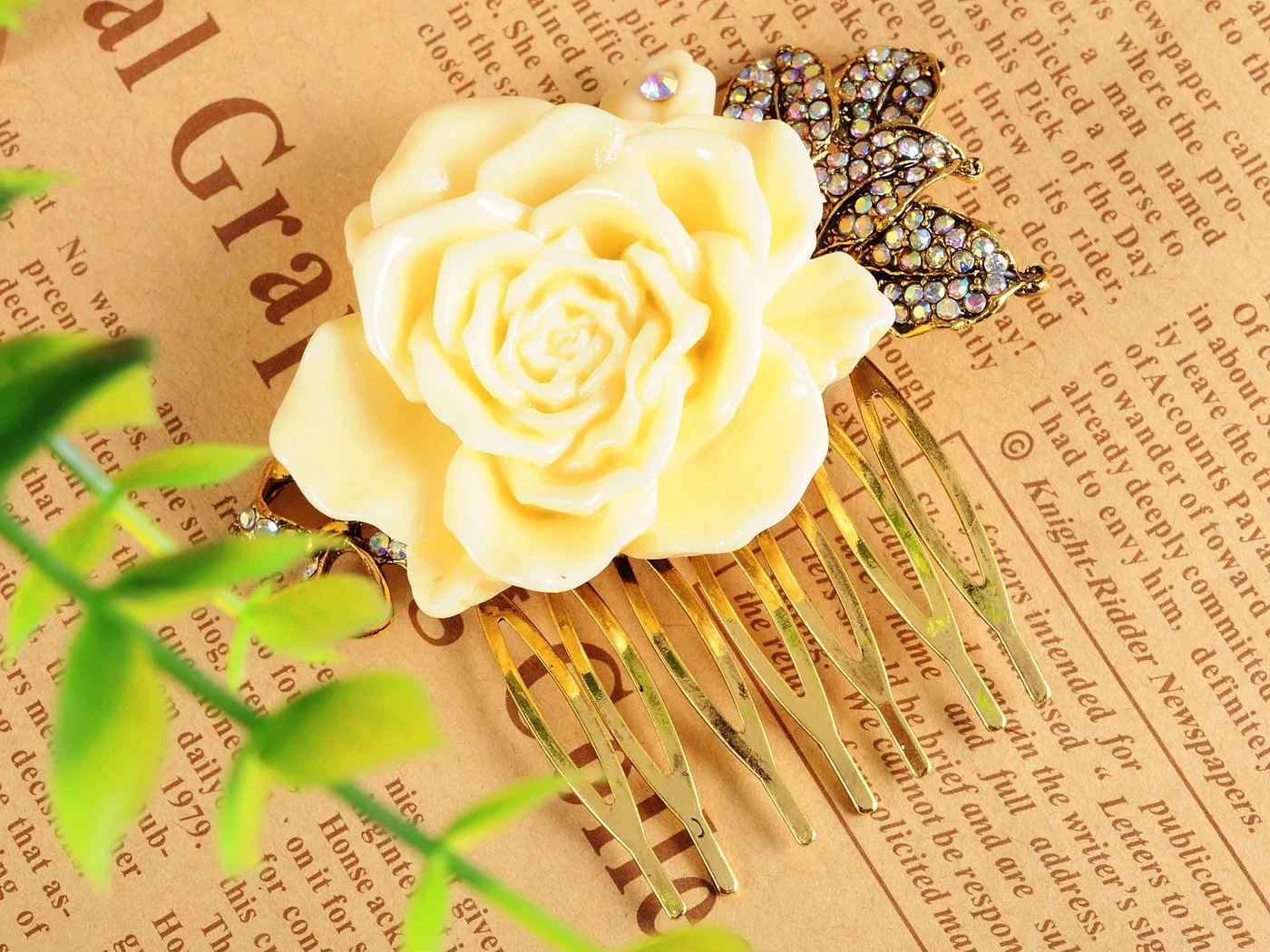 Alilang Vintage Inspired Tone Elegant Cream White Resin Enamel Rose Crystal Rhinestone Fashion Jewelry Hairpin