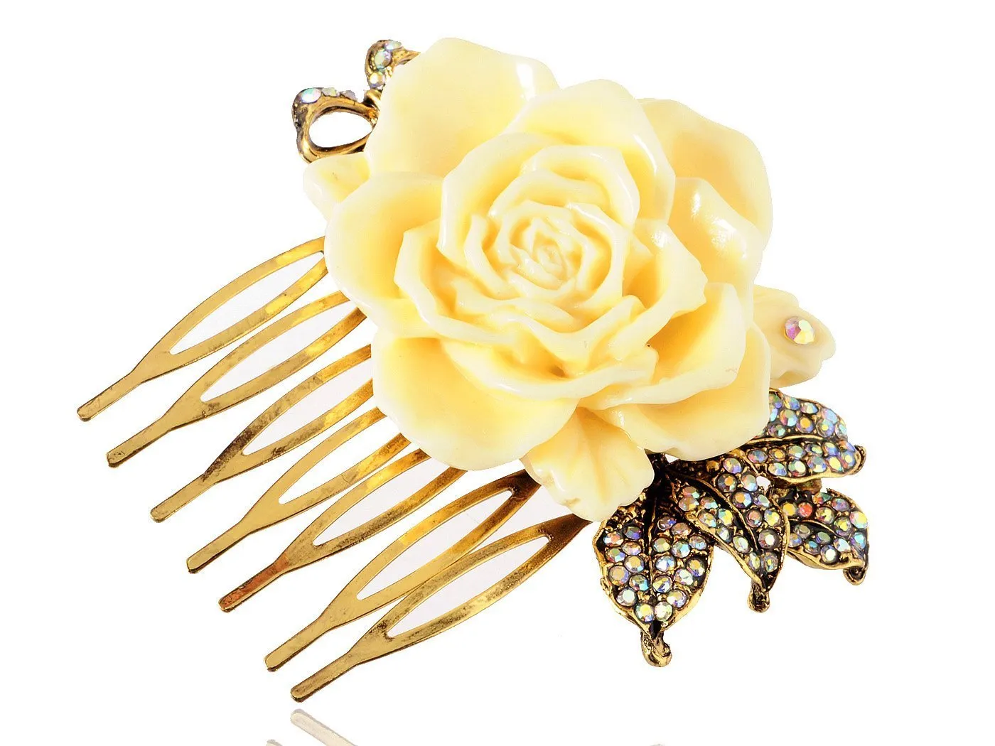 Alilang Vintage Inspired Tone Elegant Cream White Resin Enamel Rose Crystal Rhinestone Fashion Jewelry Hairpin