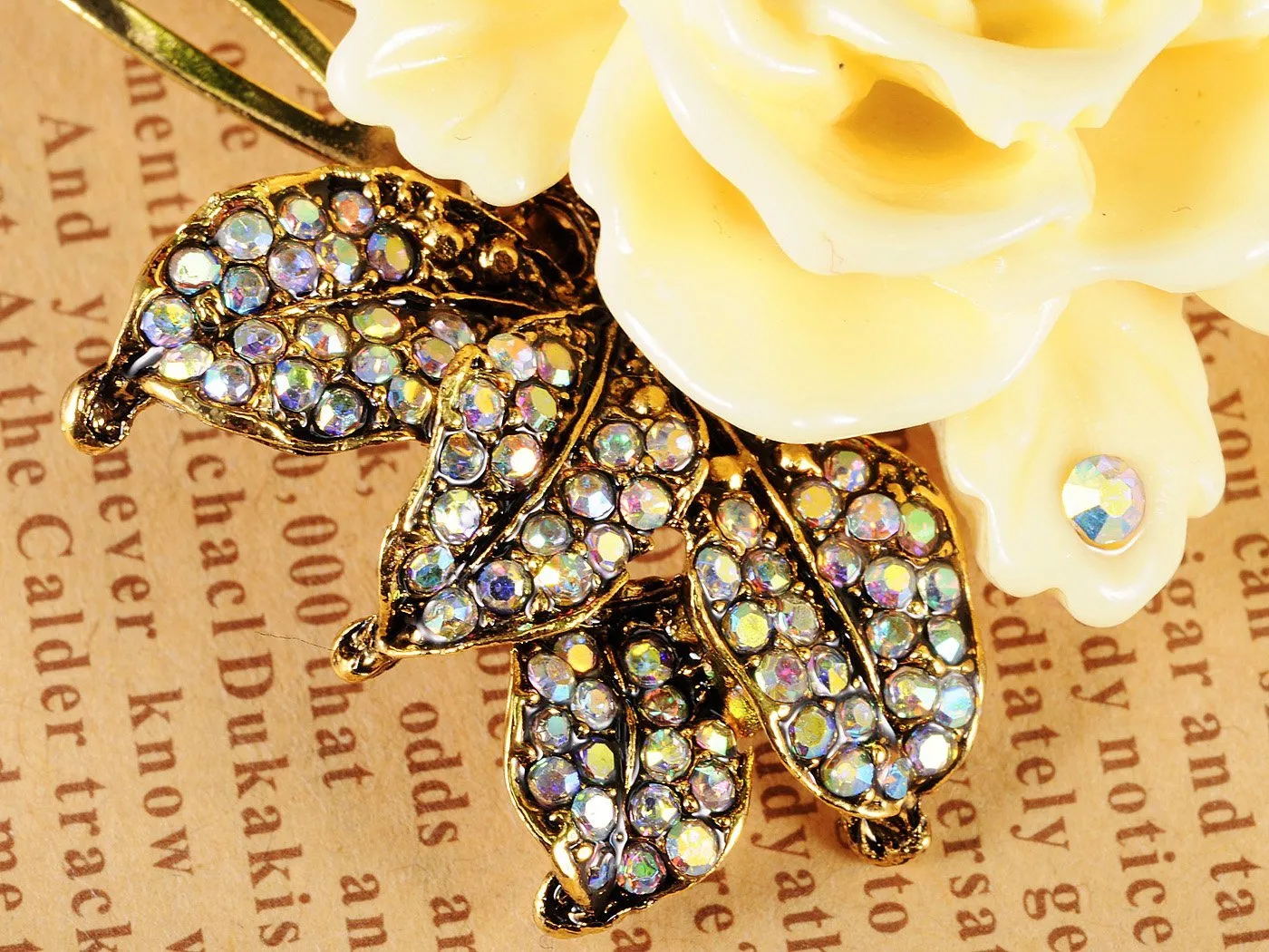 Alilang Vintage Inspired Tone Elegant Cream White Resin Enamel Rose Crystal Rhinestone Fashion Jewelry Hairpin