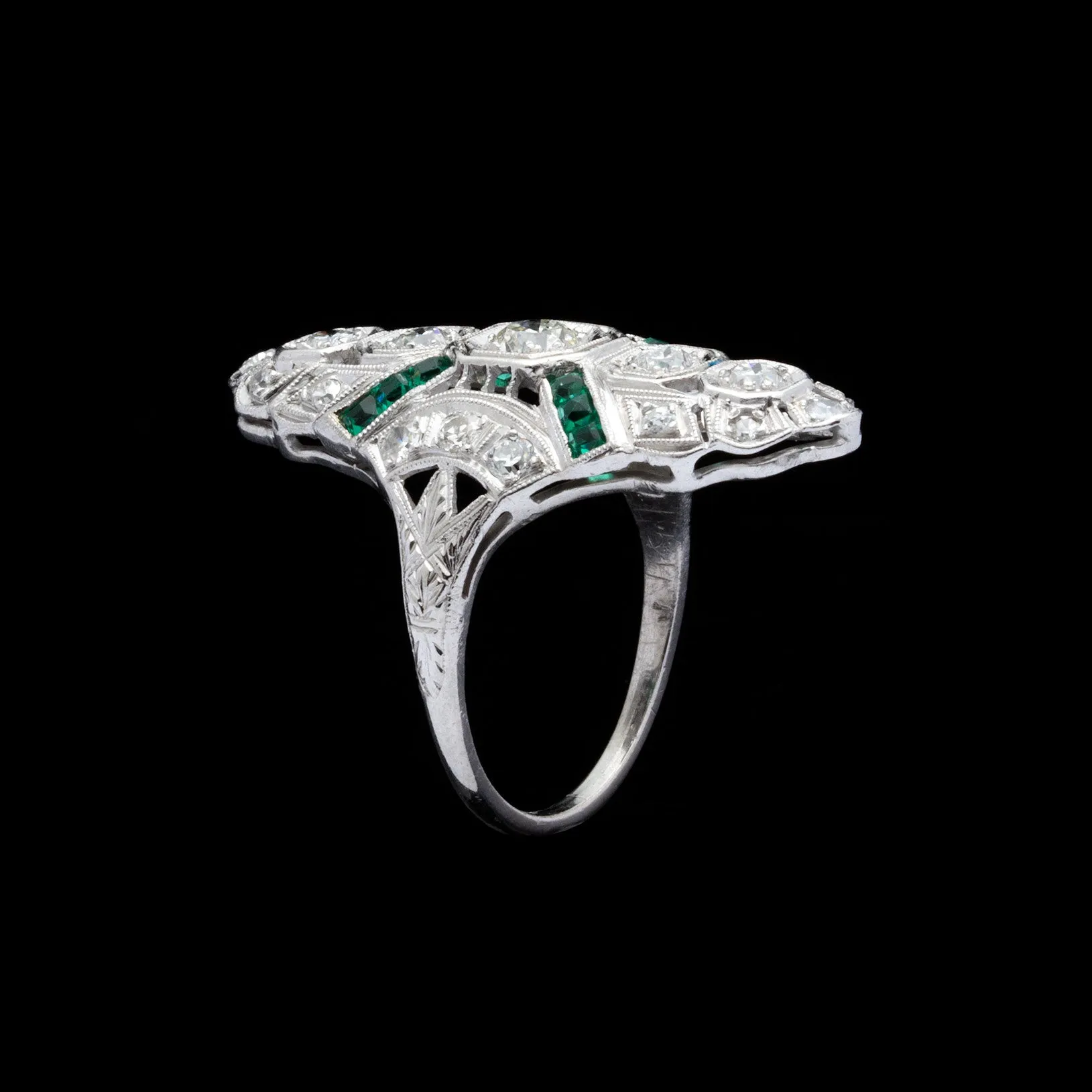Art Deco Diamond & Emerald Platinum Dinner Ring