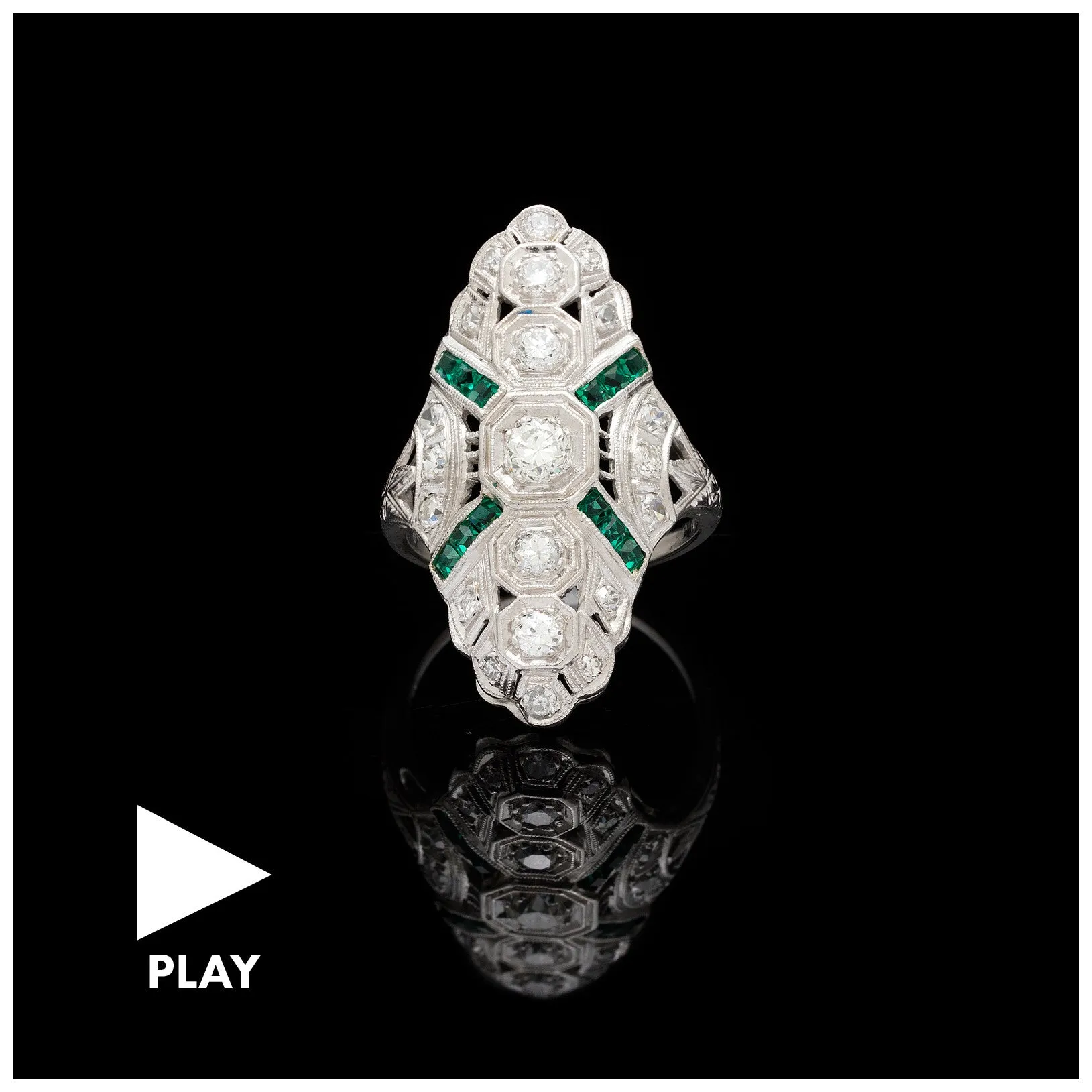 Art Deco Diamond & Emerald Platinum Dinner Ring