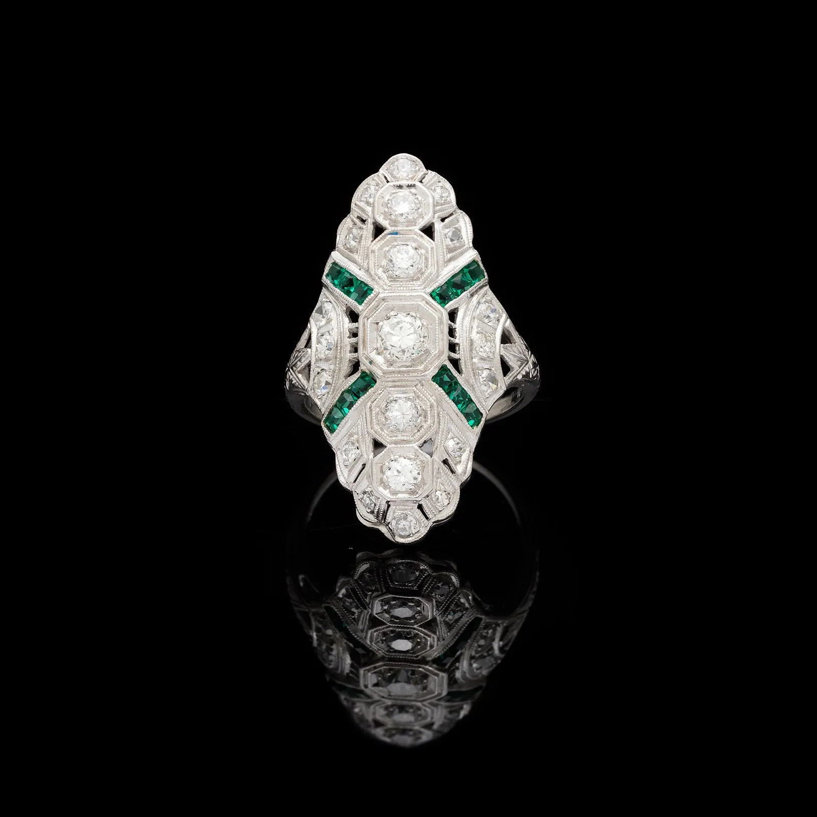 Art Deco Diamond & Emerald Platinum Dinner Ring