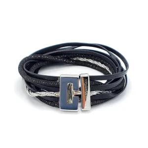 B139 Bracelet leather & metal mix black