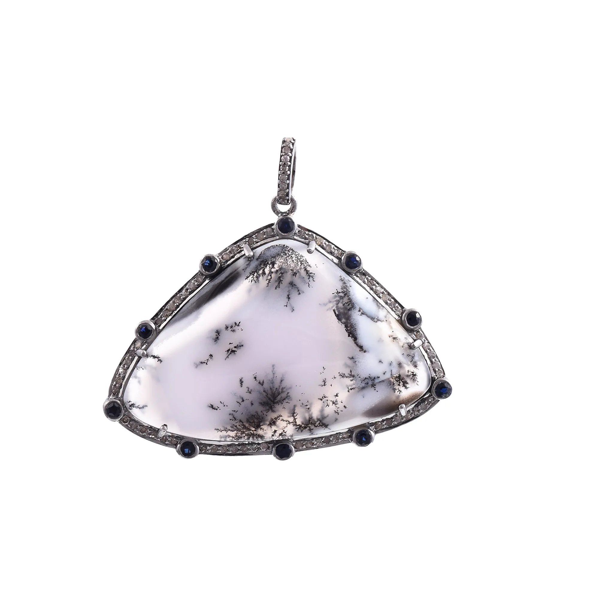 Beautiful Dendritic Opal Pendant Clustered with Diamonds and Blue Sapphire