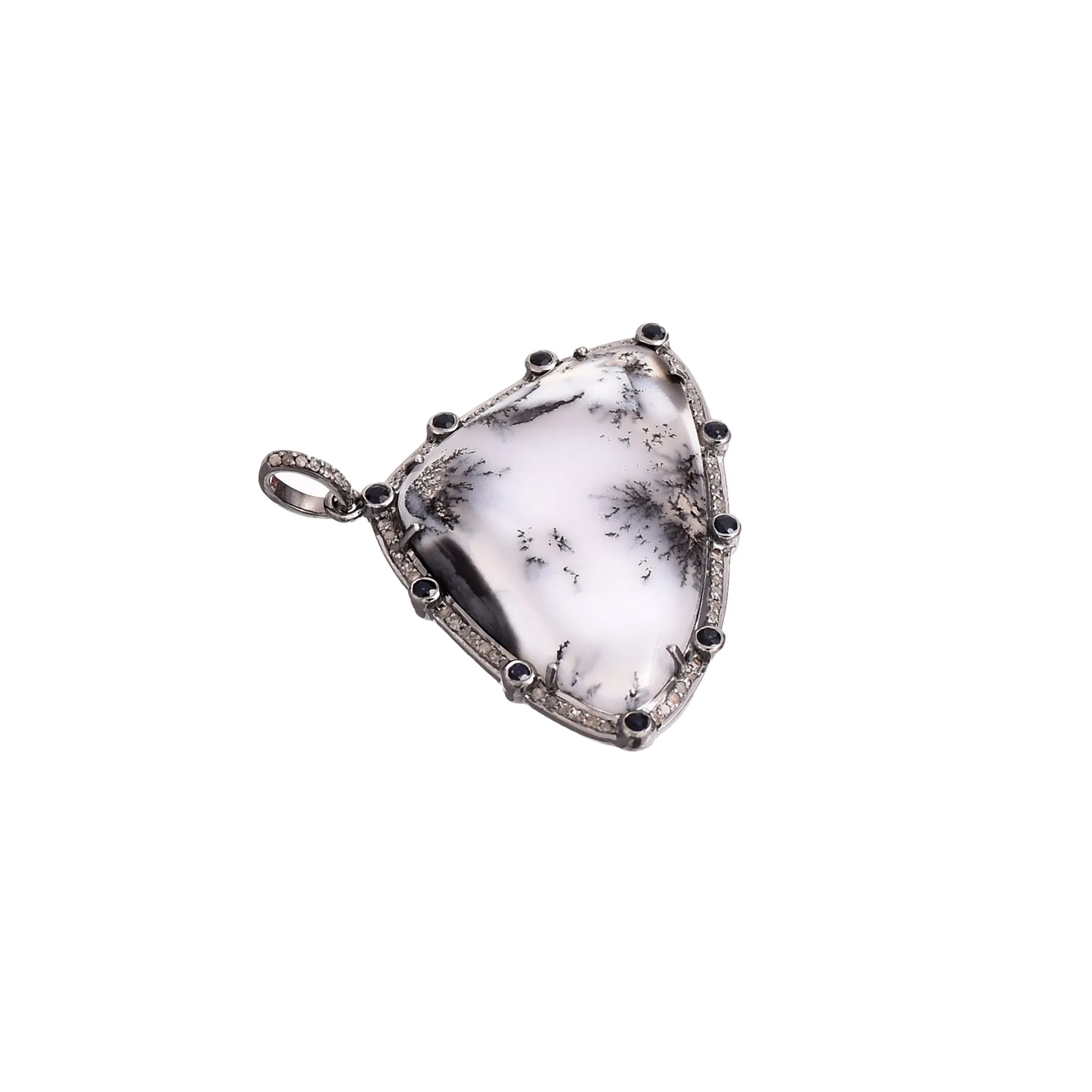 Beautiful Dendritic Opal Pendant Clustered with Diamonds and Blue Sapphire