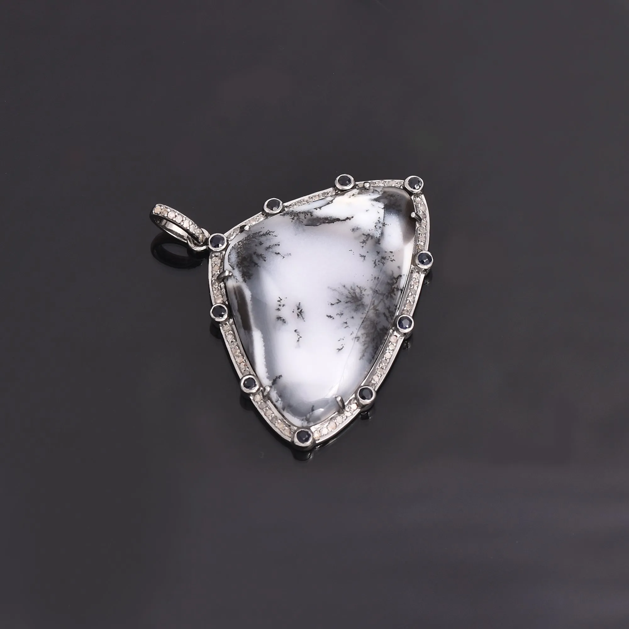 Beautiful Dendritic Opal Pendant Clustered with Diamonds and Blue Sapphire
