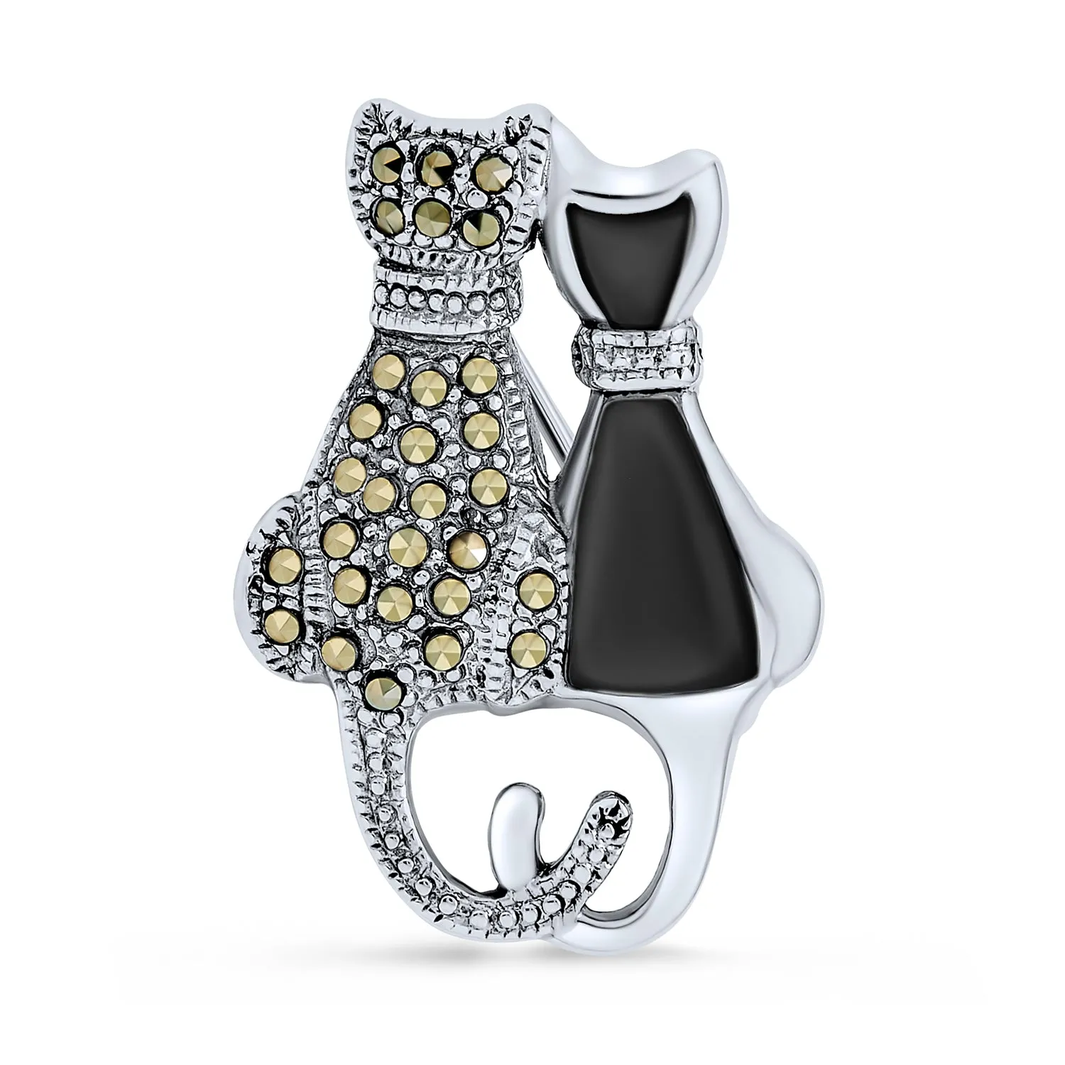 Black & White Marcasite Cat Brooche Pin Sterling Silver Pearl & Onyx
