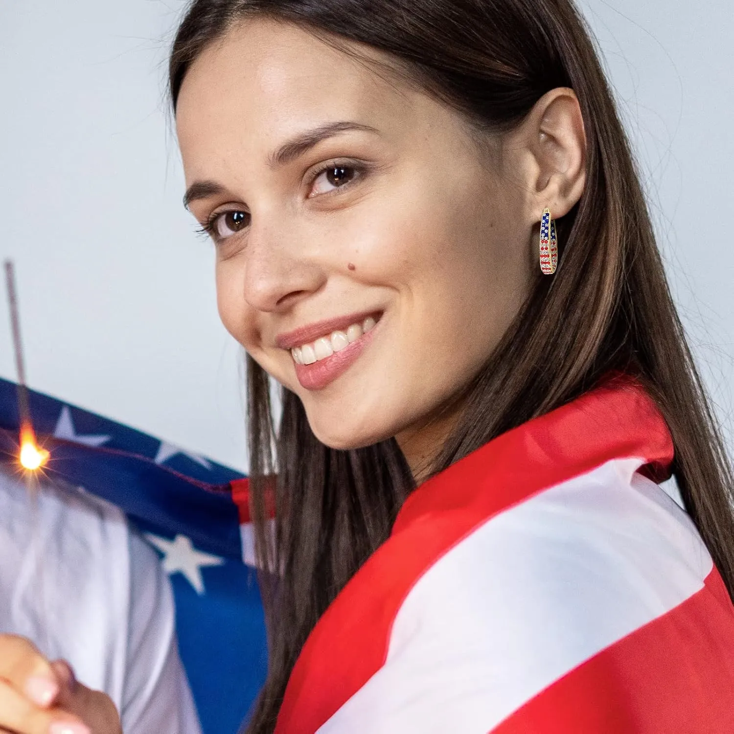 Crystal Hoop Earrings for Women Sparkly American Flag Earrings Silver Plated Red White and Blue Earrings Patriotic Jewelry Gift