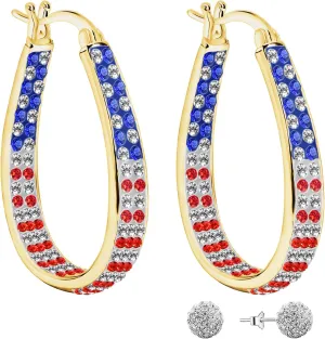 Crystal Hoop Earrings for Women Sparkly American Flag Earrings Silver Plated Red White and Blue Earrings Patriotic Jewelry Gift