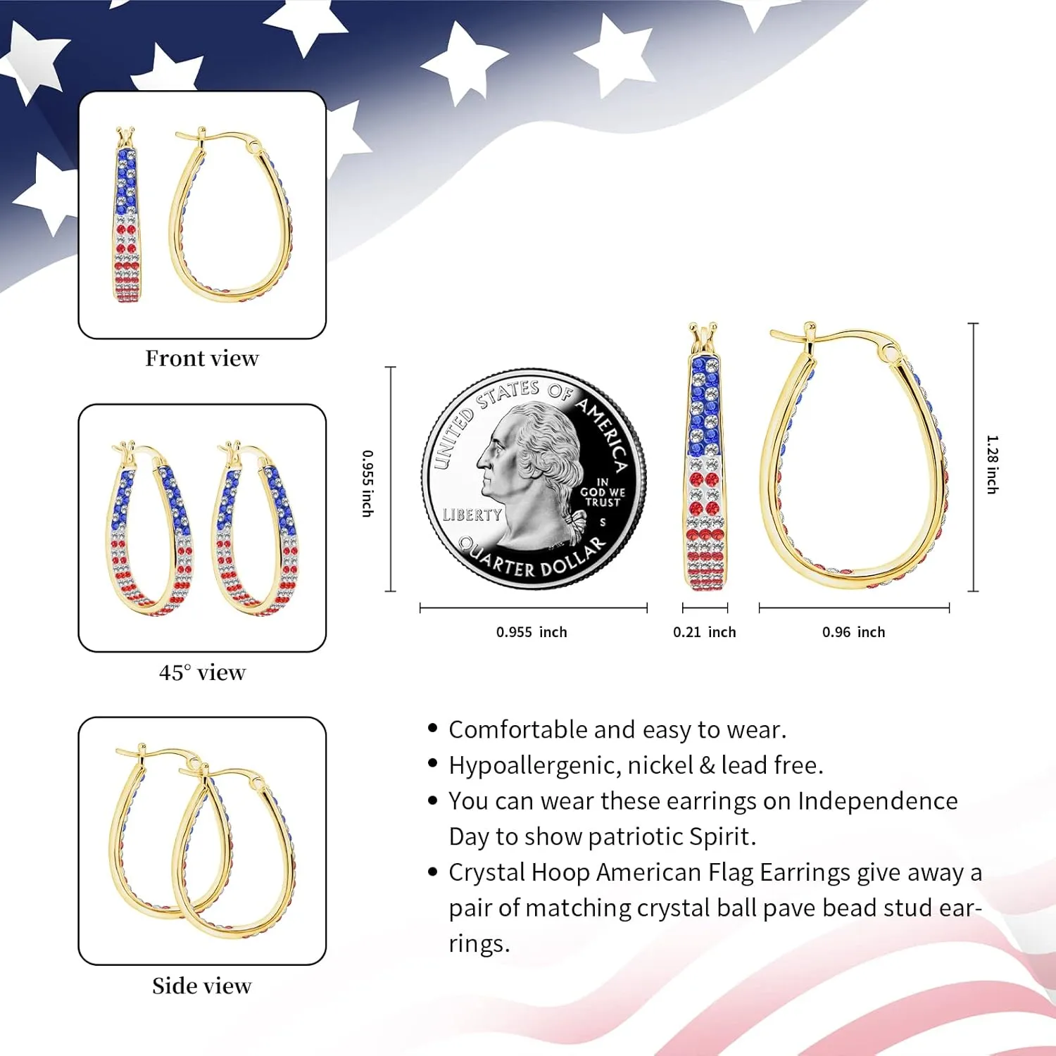 Crystal Hoop Earrings for Women Sparkly American Flag Earrings Silver Plated Red White and Blue Earrings Patriotic Jewelry Gift