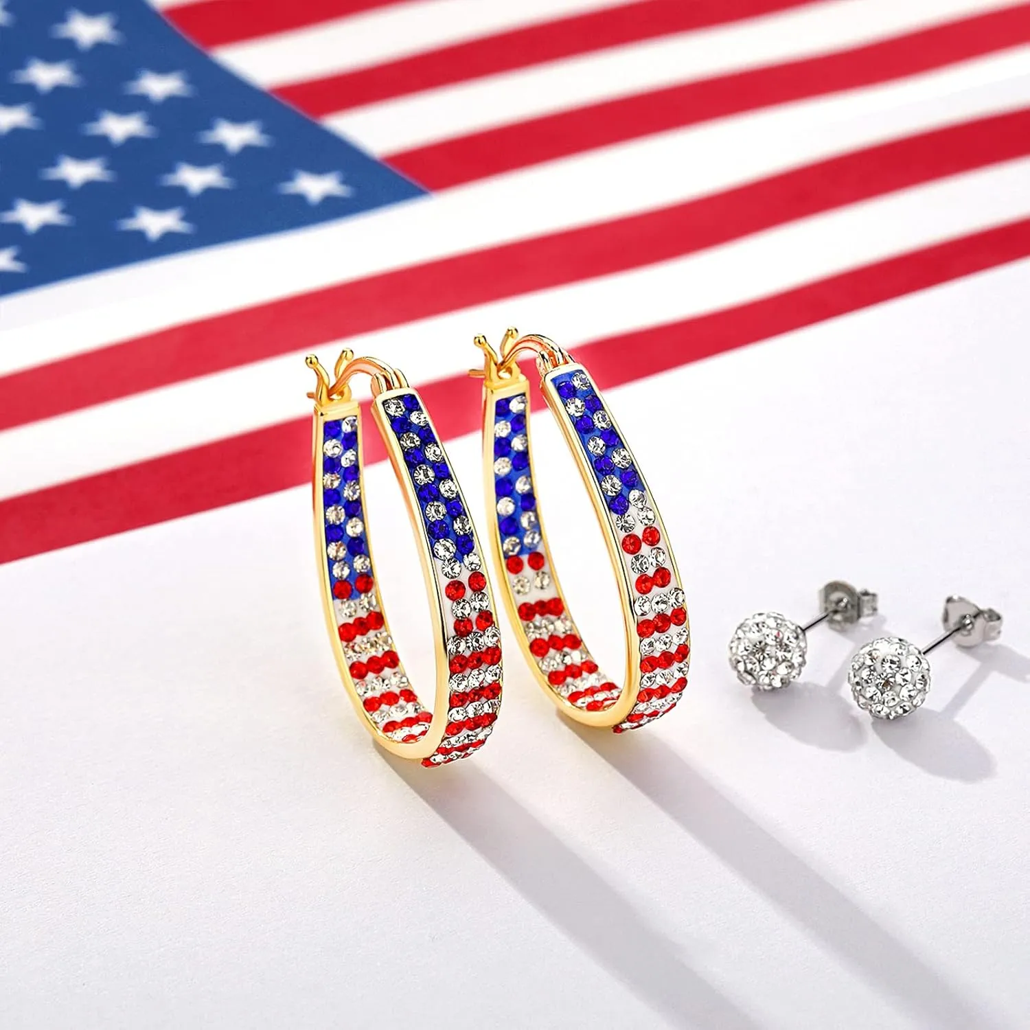 Crystal Hoop Earrings for Women Sparkly American Flag Earrings Silver Plated Red White and Blue Earrings Patriotic Jewelry Gift