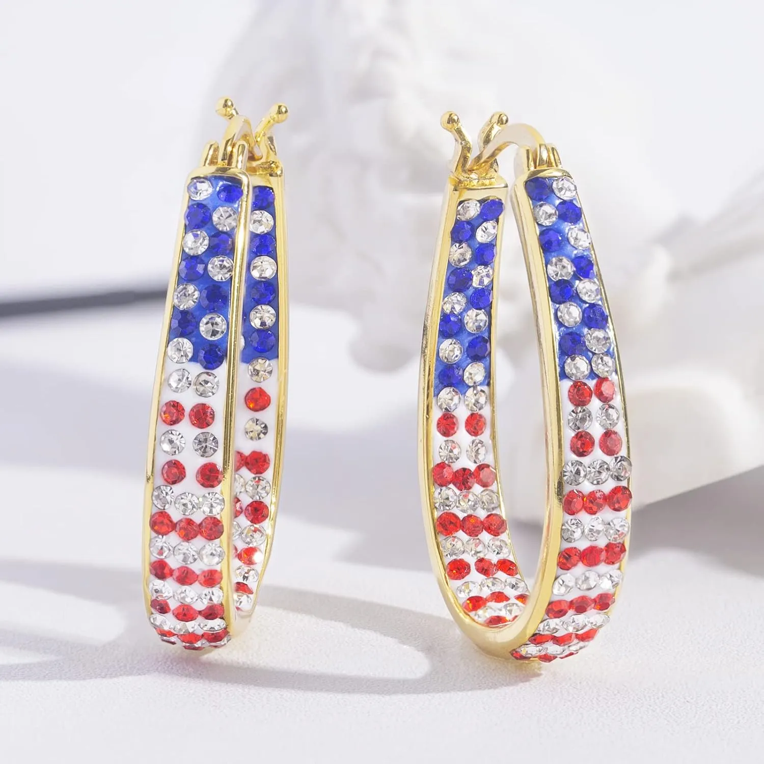 Crystal Hoop Earrings for Women Sparkly American Flag Earrings Silver Plated Red White and Blue Earrings Patriotic Jewelry Gift