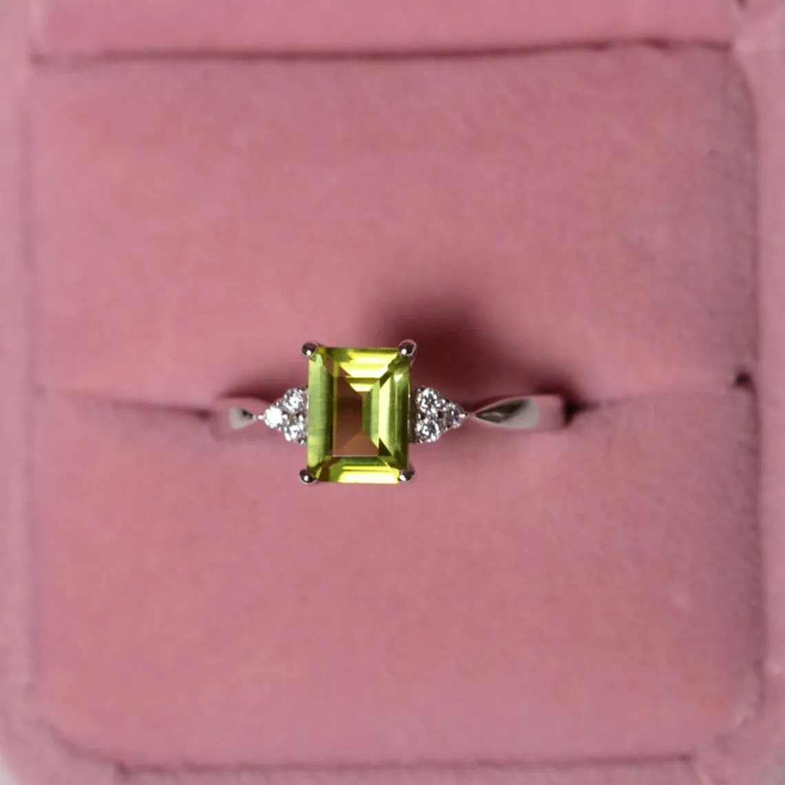 Cute Emerald Cut Peridot Ring - 925 Solid Sterling Silver Ring