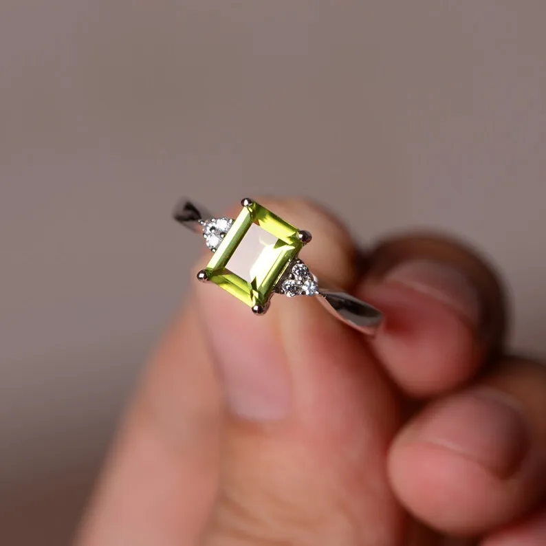 Cute Emerald Cut Peridot Ring - 925 Solid Sterling Silver Ring