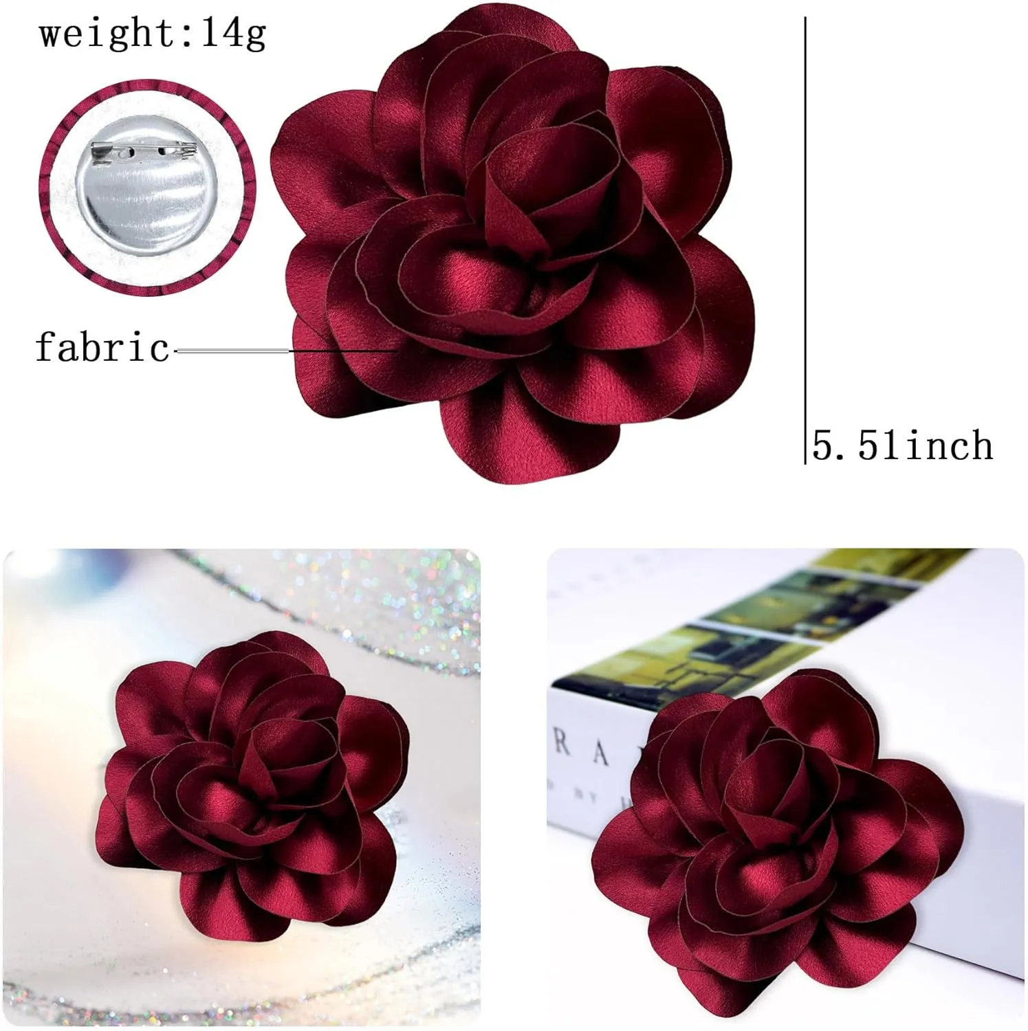 Dainty Satin Fabric Flower Brooches for Women Large Rose Floral Brooch for Party Dance Wedding Banquet Elegant Camellia Fashion Brooch Pin for Women Girl 5.5inch