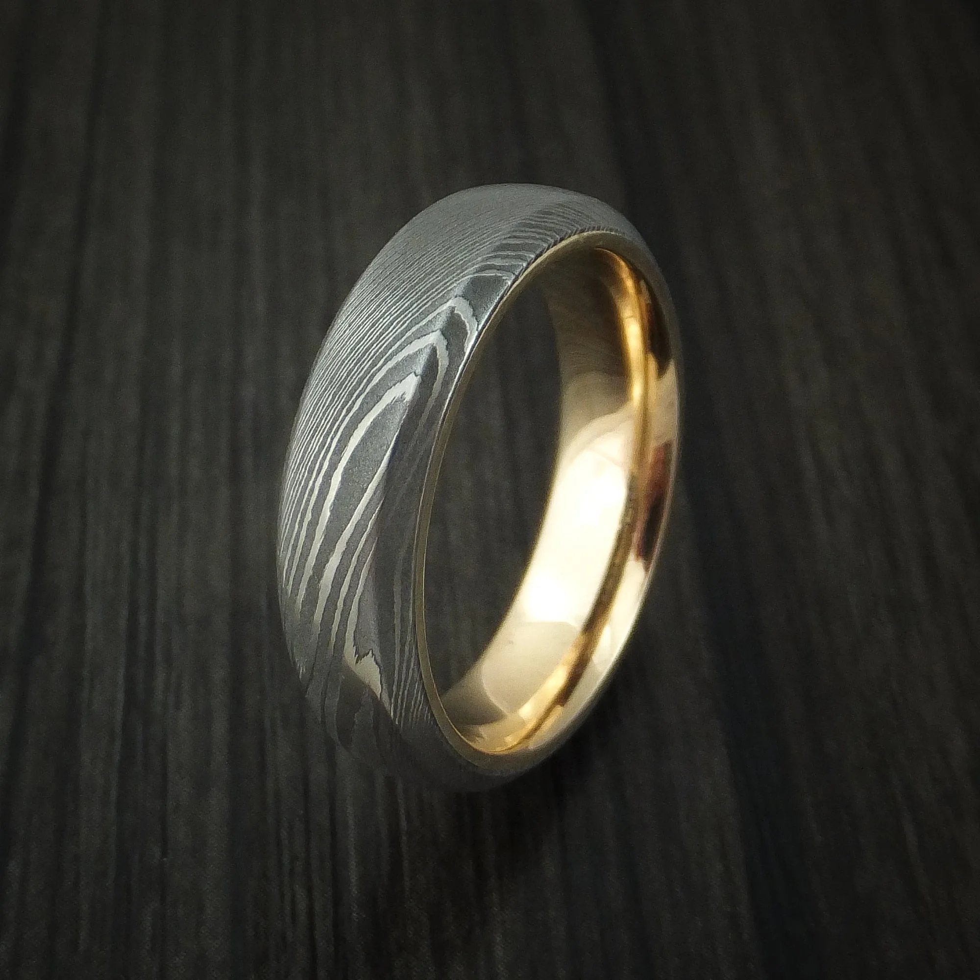 Damascus Steel Men's Ring with 14k Yellow Gold Sleeve Custom Made Band