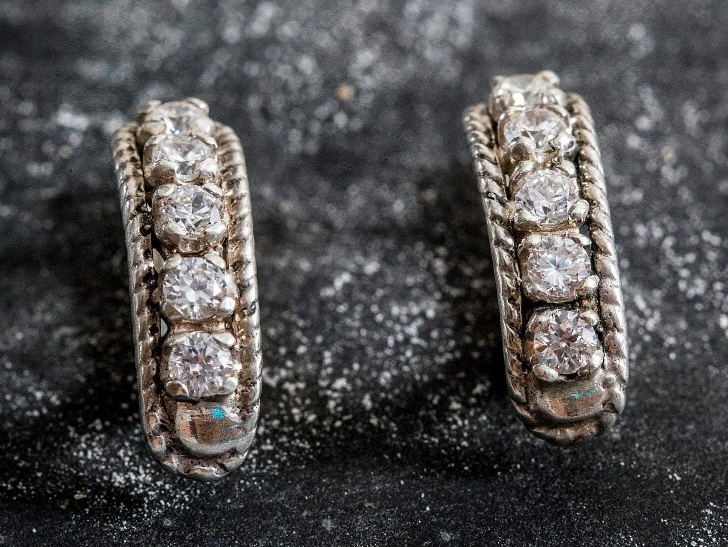 Diamond Silver Earrings - Half Hoops Earrings - Vintage Diamond Earrings