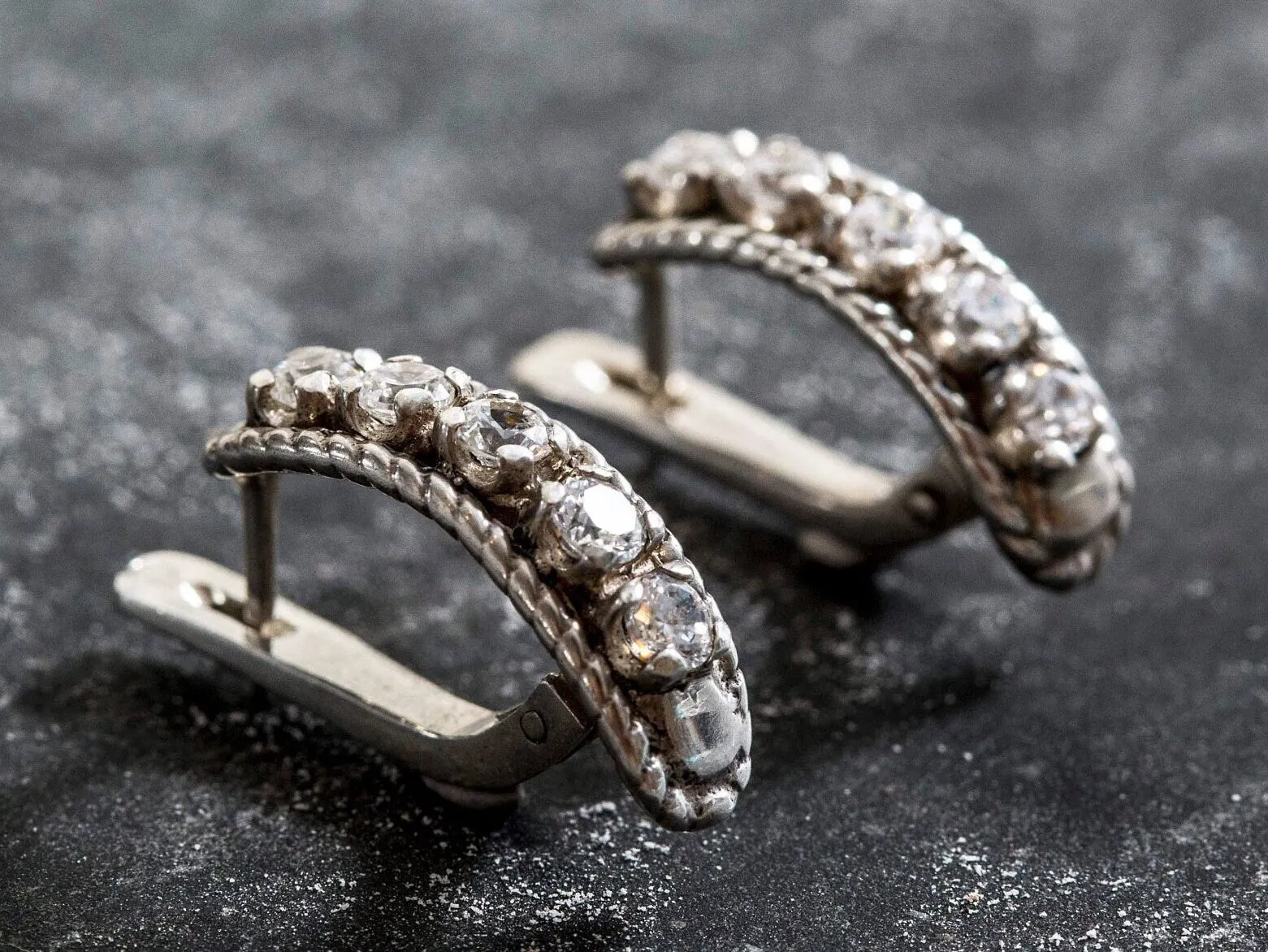 Diamond Silver Earrings - Half Hoops Earrings - Vintage Diamond Earrings