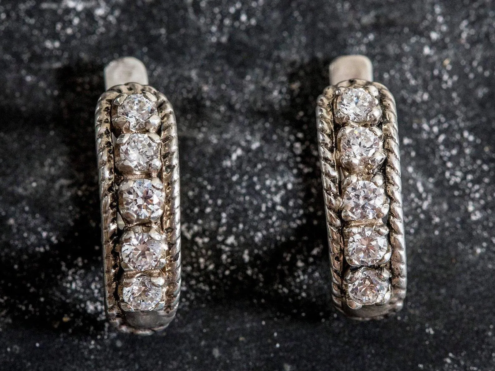 Diamond Silver Earrings - Half Hoops Earrings - Vintage Diamond Earrings