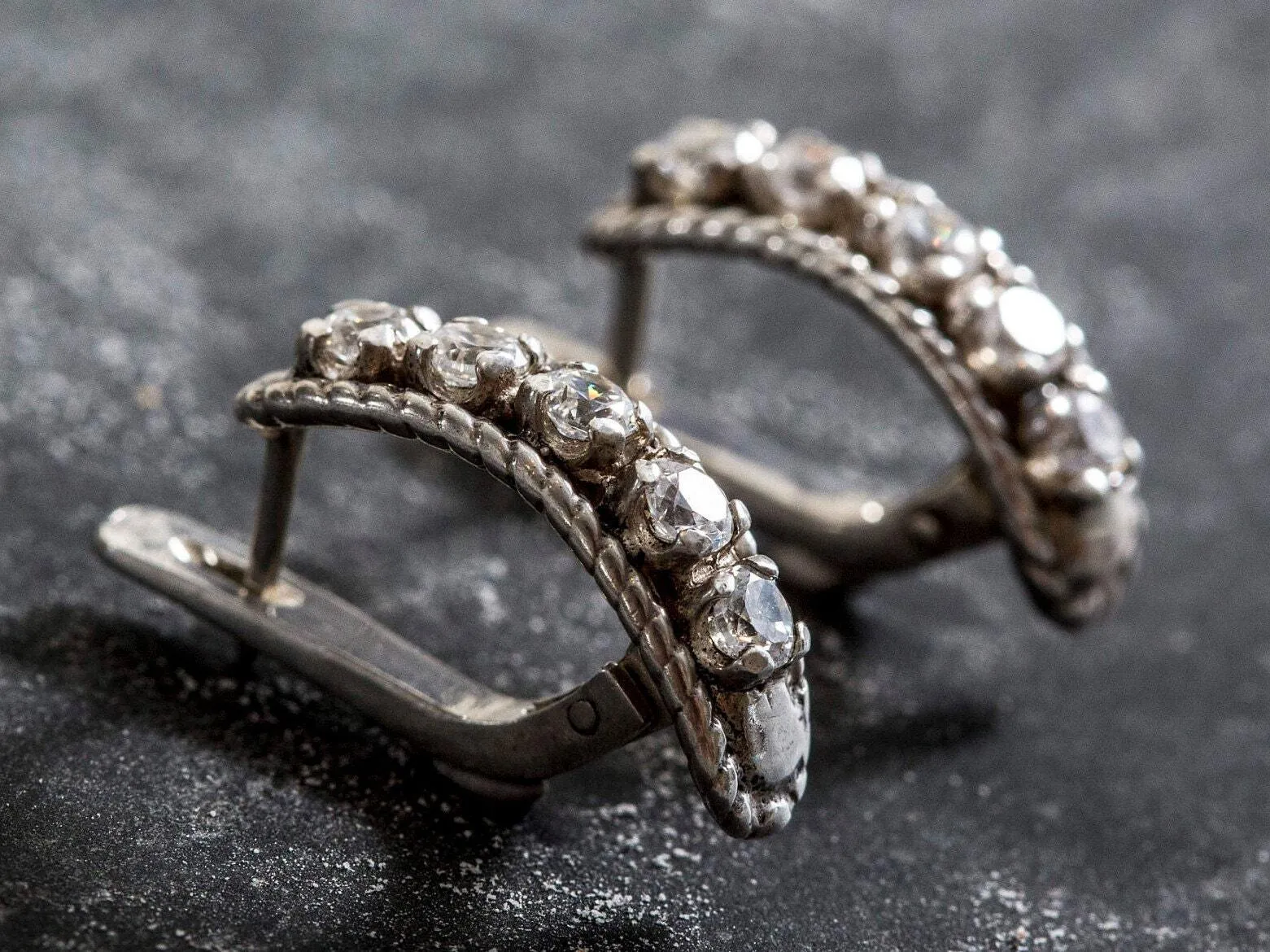 Diamond Silver Earrings - Half Hoops Earrings - Vintage Diamond Earrings