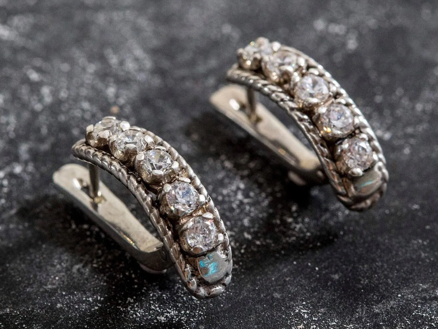 Diamond Silver Earrings - Half Hoops Earrings - Vintage Diamond Earrings